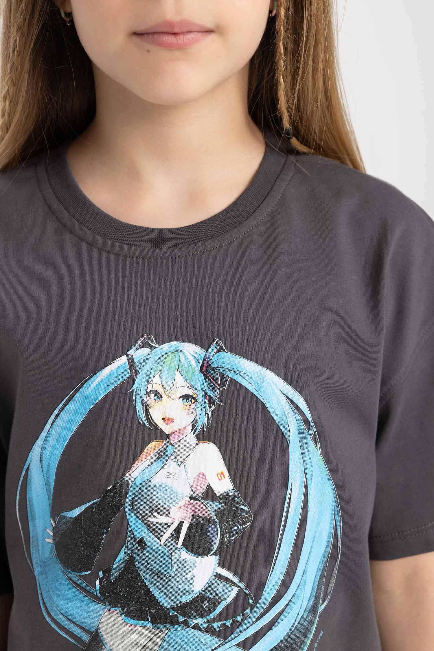 Hatsune Miku Oversize Geniş Kalıp Bisiklet Yaka Kısa Kollu Tişört Kız Çocuk