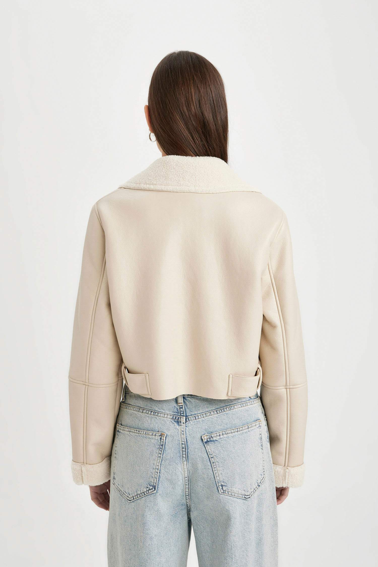 Su Geçirmez Regular Kalıp Fermuarlı İçi Suni Kürklü Kısa Suni Deri Mont