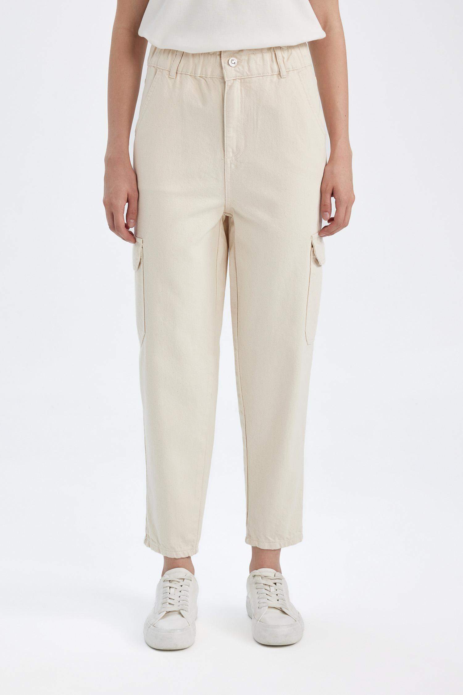 Paperbag Yüksek Bel Kargo Cepli Bilek Boy Beyaz Jean Pantolon