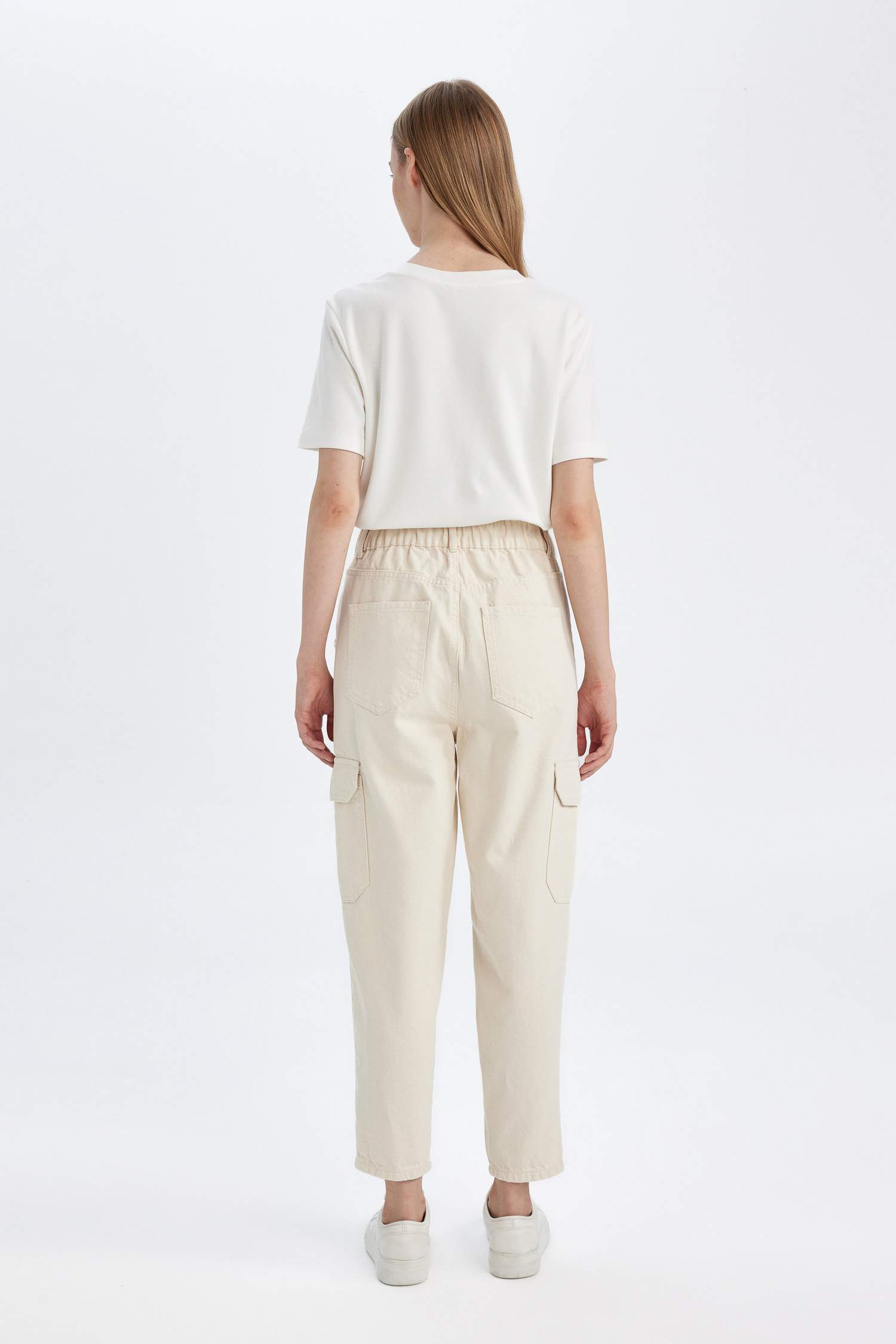 Paperbag Yüksek Bel Kargo Cepli Bilek Boy Beyaz Jean Pantolon