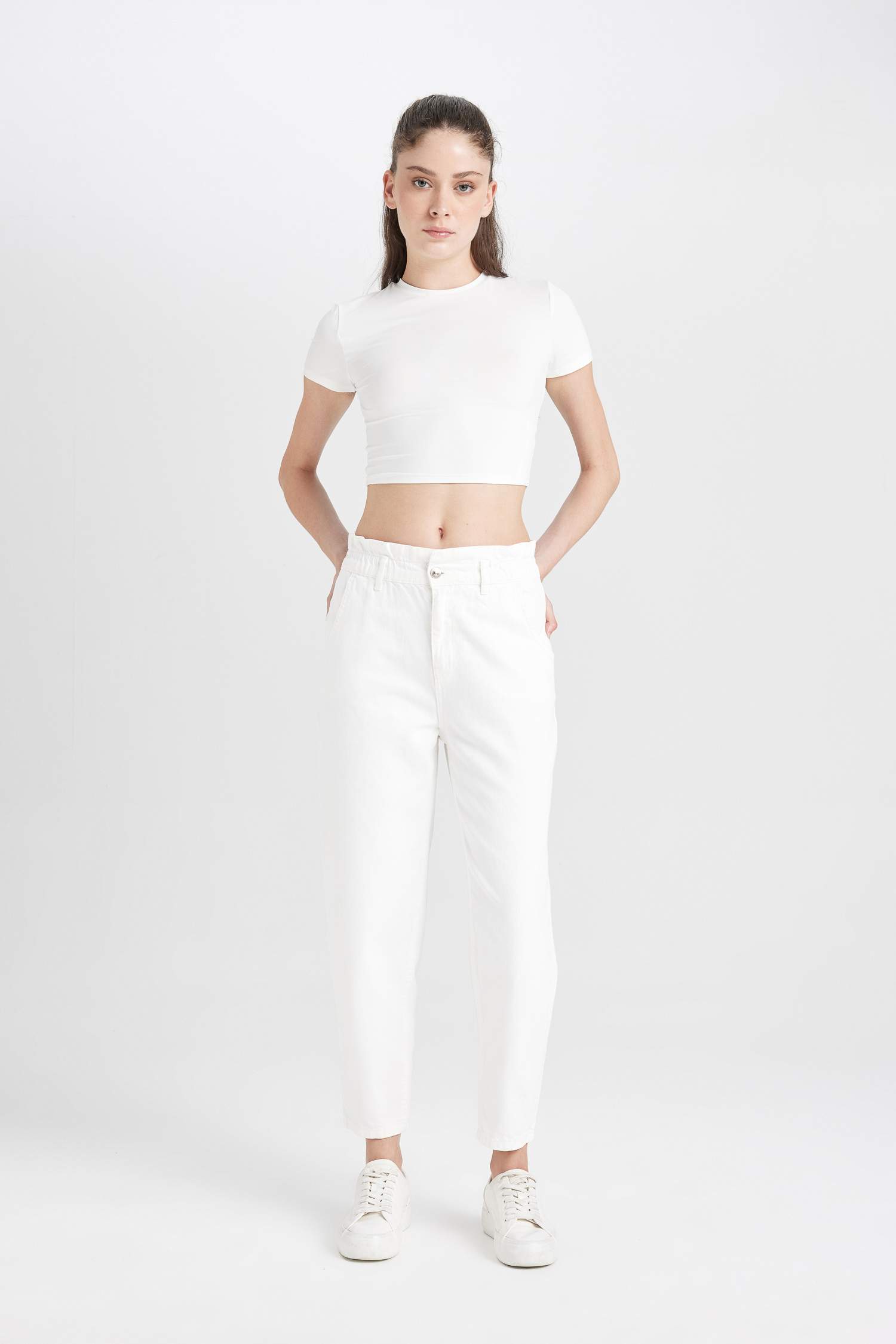 Paperbag Yüksek Bel Bilek Boy Beyaz Jean Pantolon