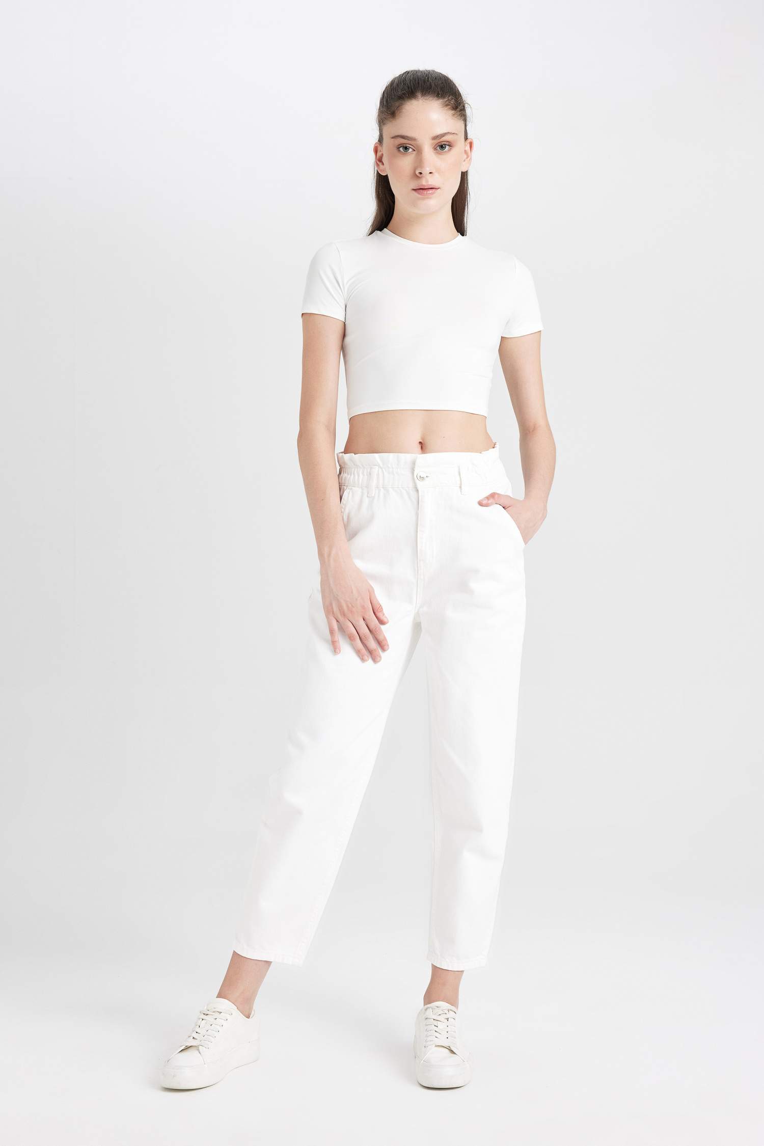 Paperbag Yüksek Bel Bilek Boy Beyaz Jean Pantolon