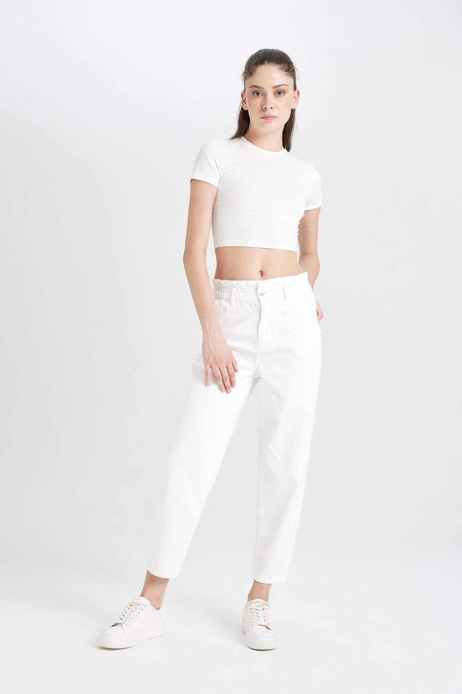 Paperbag Yüksek Bel Bilek Boy Beyaz Jean Pantolon