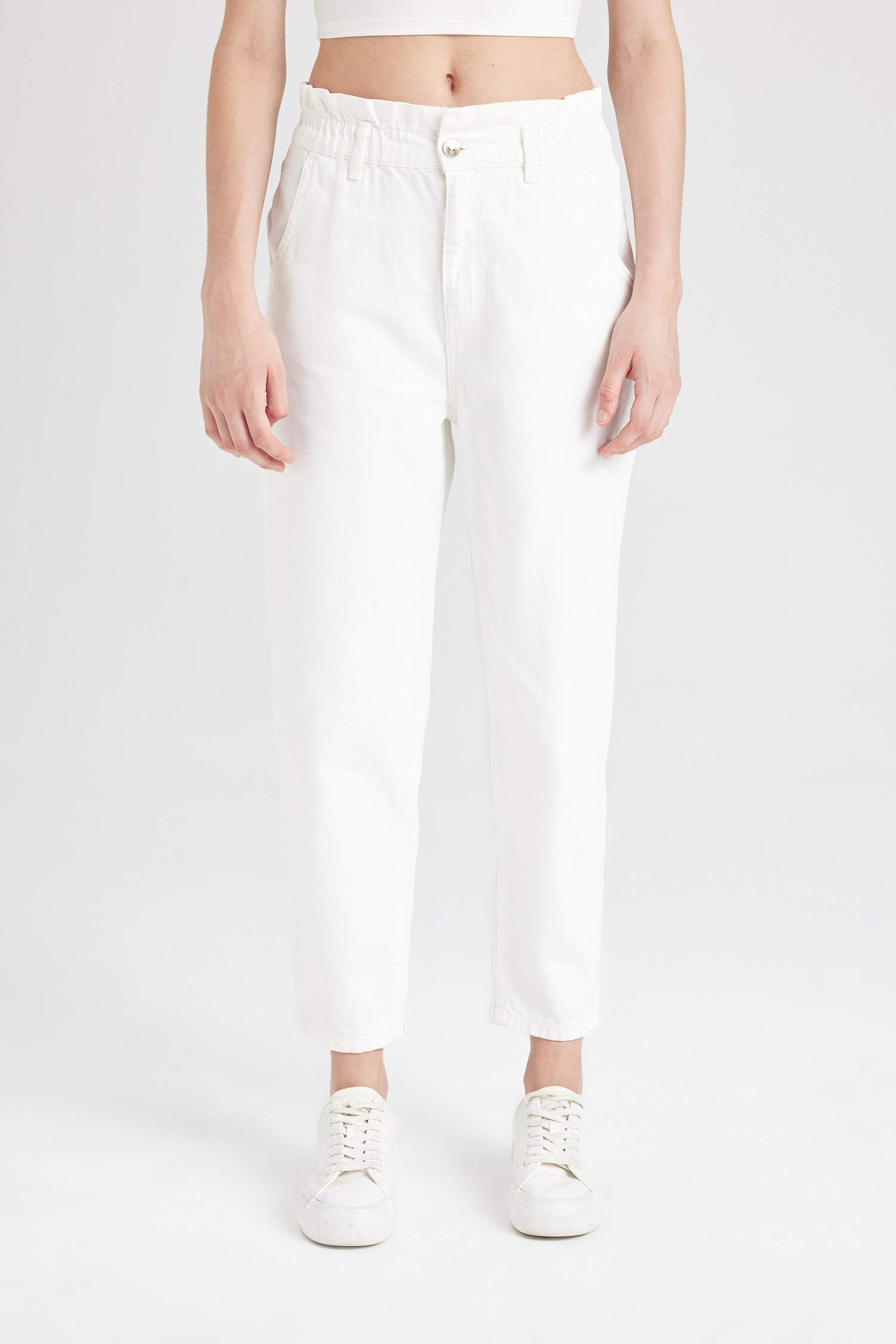 Paperbag Yüksek Bel Bilek Boy Beyaz Jean Pantolon