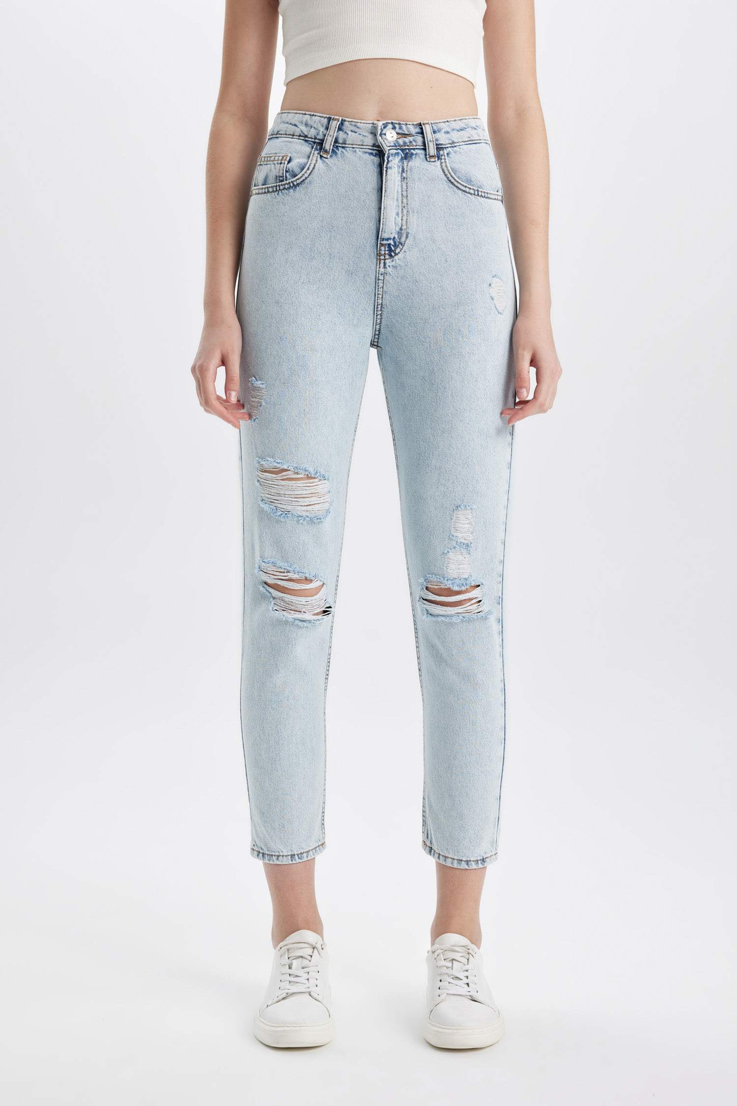 سروال جينز موم فيت بخصر عالي