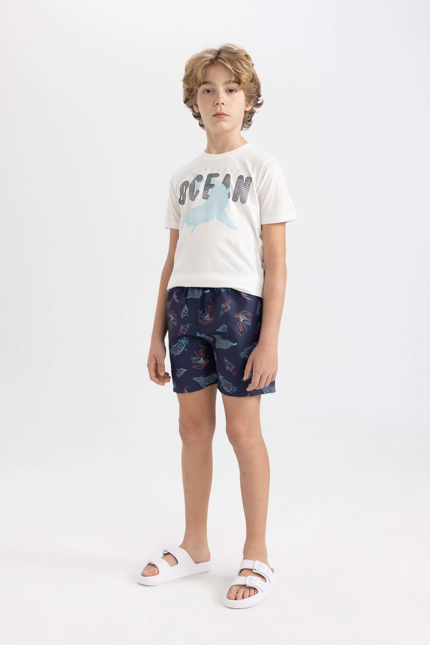 Erkek Çocuk 2'li Takım Baskılı Kısa Kollu Tişört Deniz Şortu