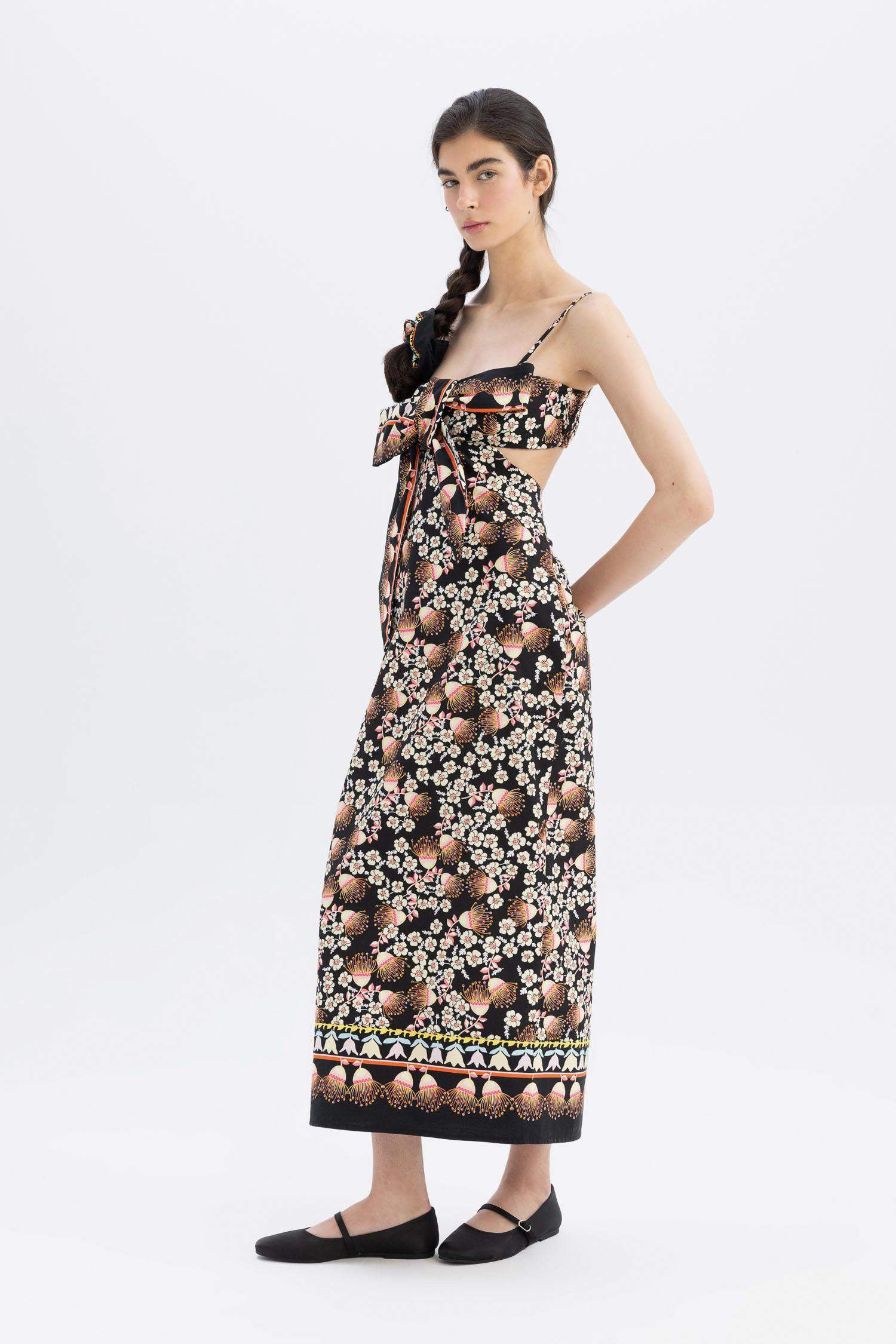 Lug Von Siga x DeFacto Bodycon Patterned Strappy Poplin Midi Dress