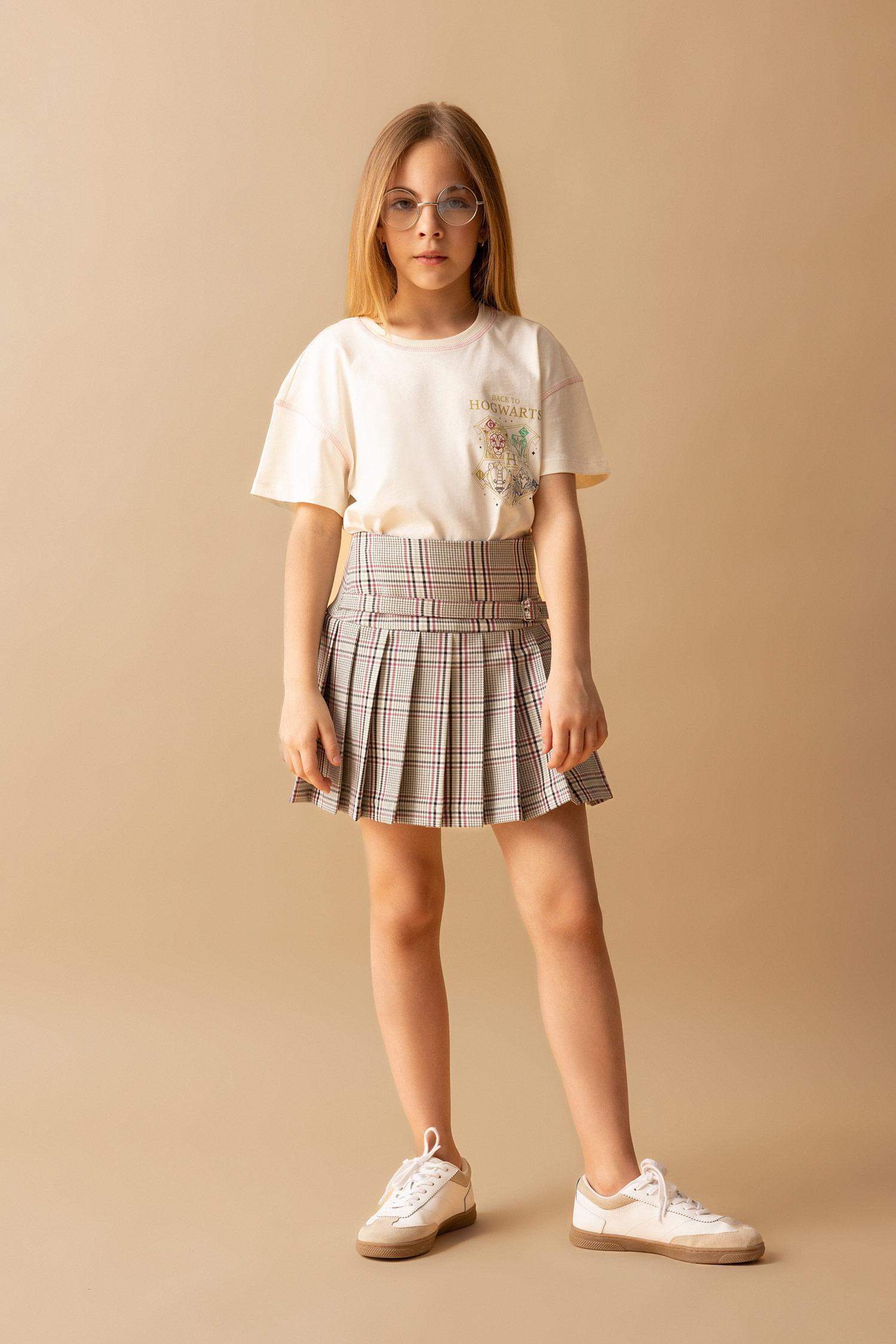 Kız Çocuk Kemer Detaylı Ekose Desenli Etek