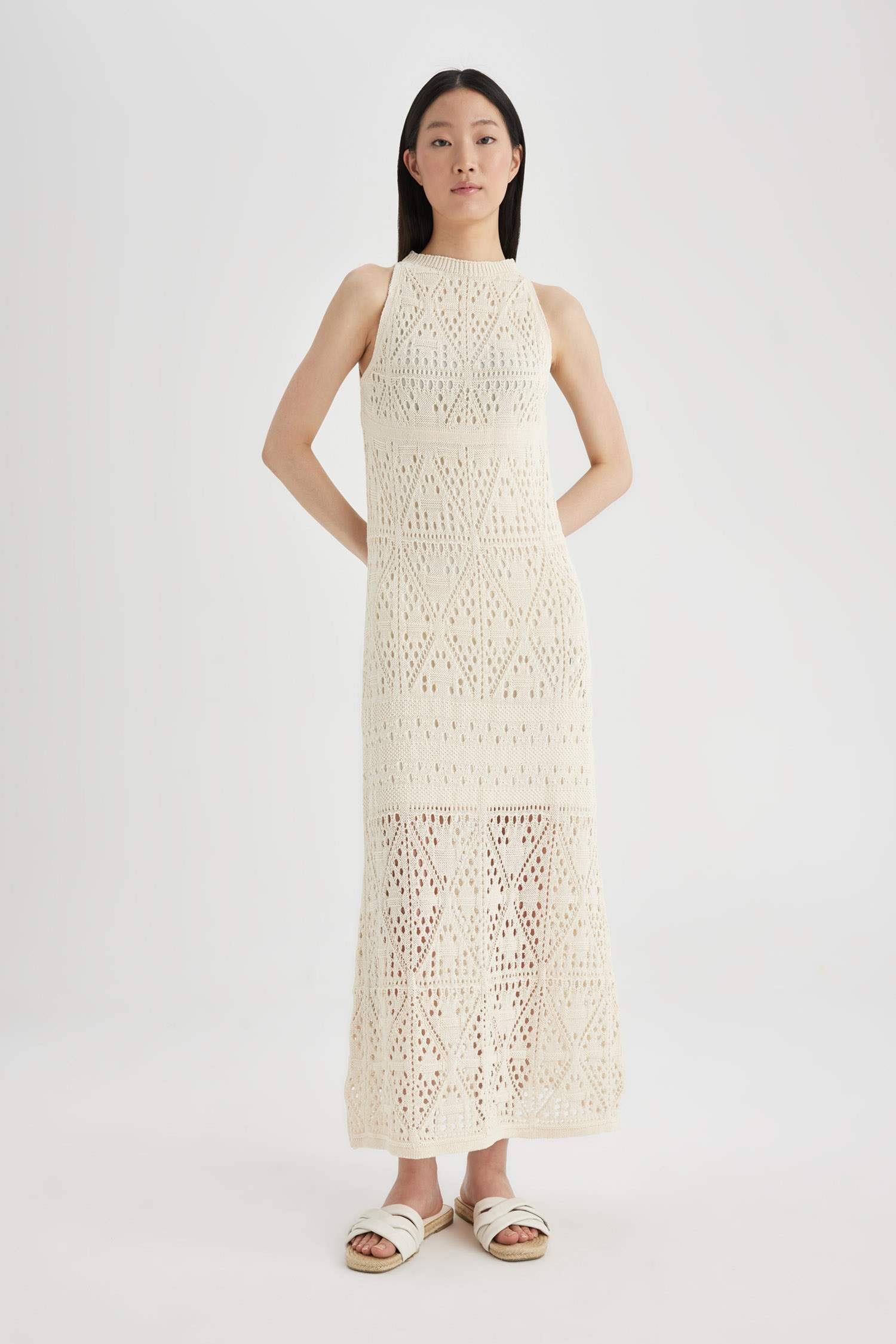 A-Line Halter Neck Crochet Sleeveless Maxi Dress