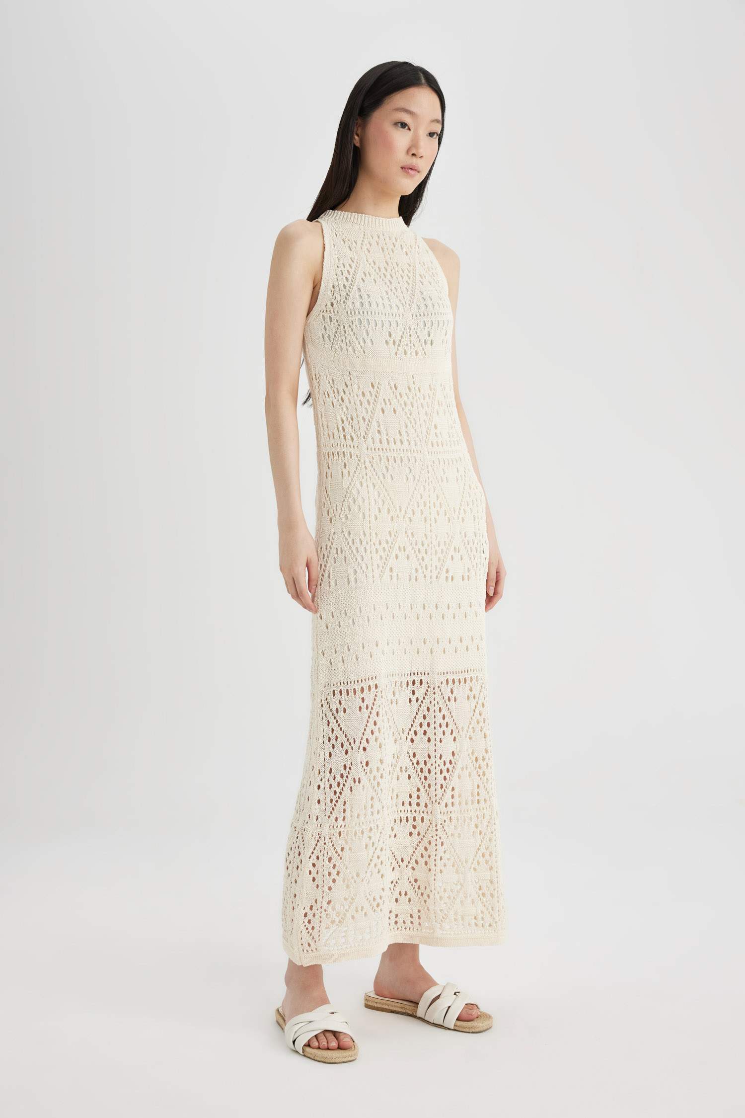 A-Line Halter Neck Crochet Sleeveless Maxi Dress