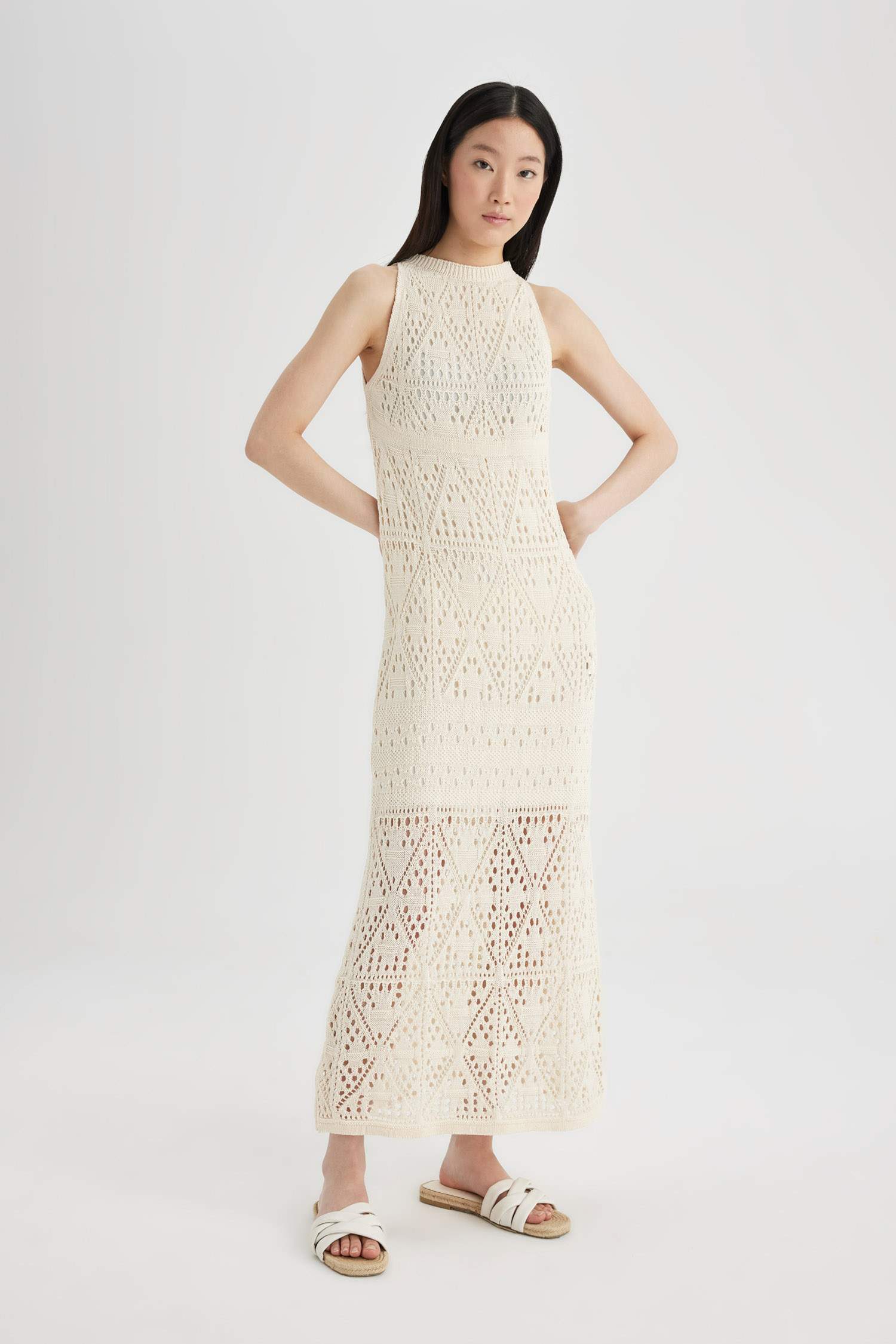 A-Line Halter Neck Crochet Sleeveless Maxi Dress