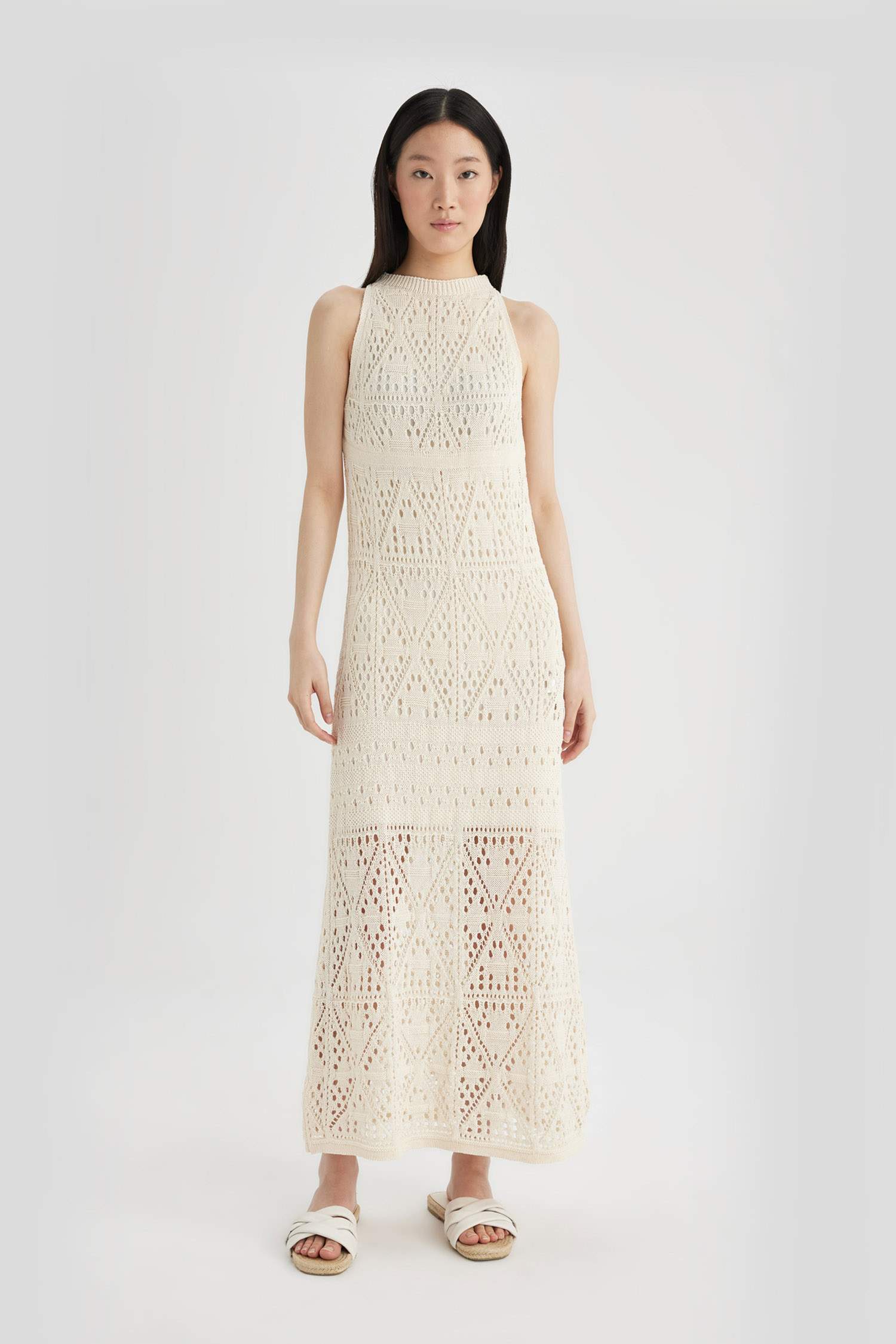 A-Line Halter Neck Crochet Sleeveless Maxi Dress