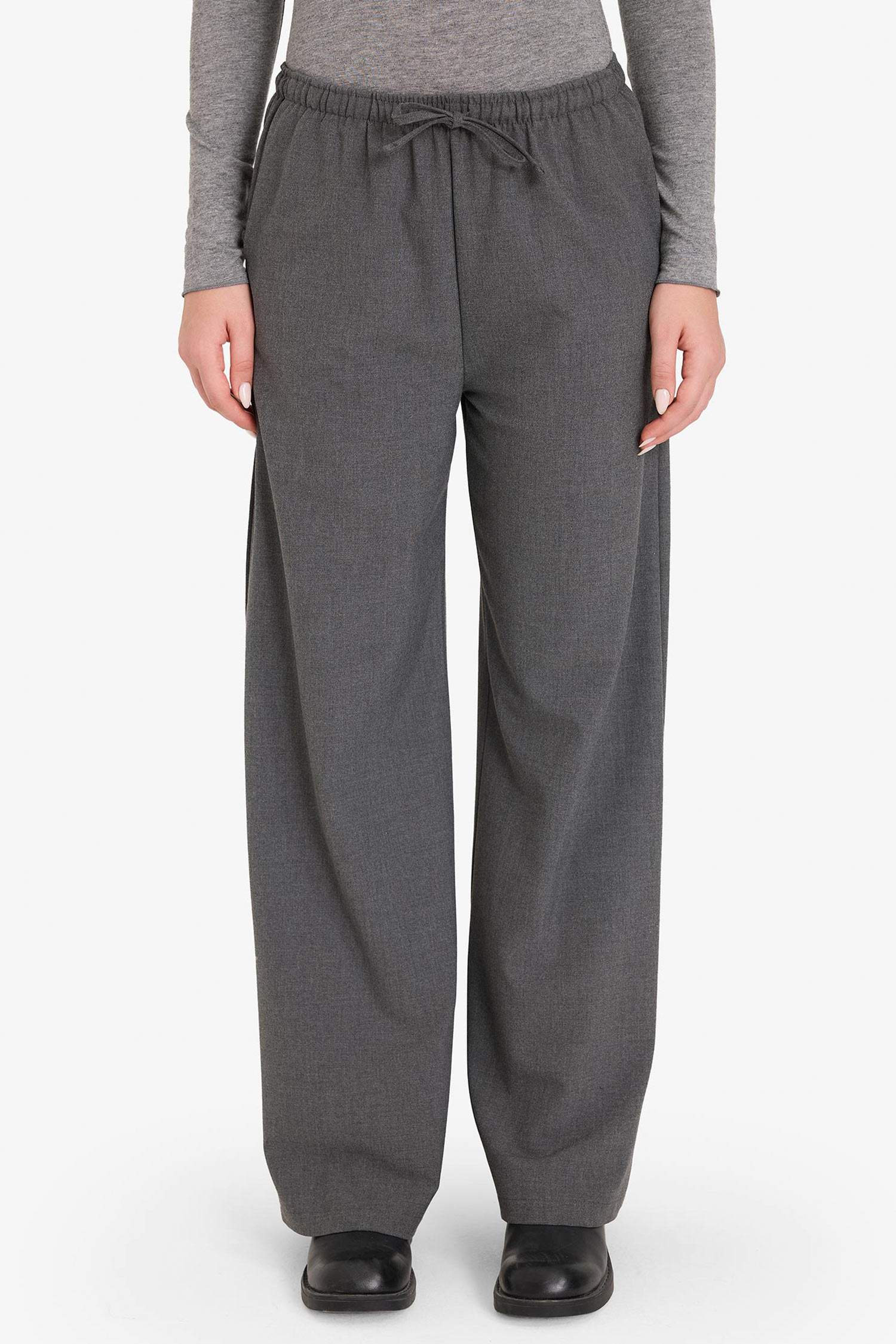 Wide Leg Geniş Bol Paça Beli Lastikli Bağcıklı Cepli Kumaş Palazzo Pantolon 