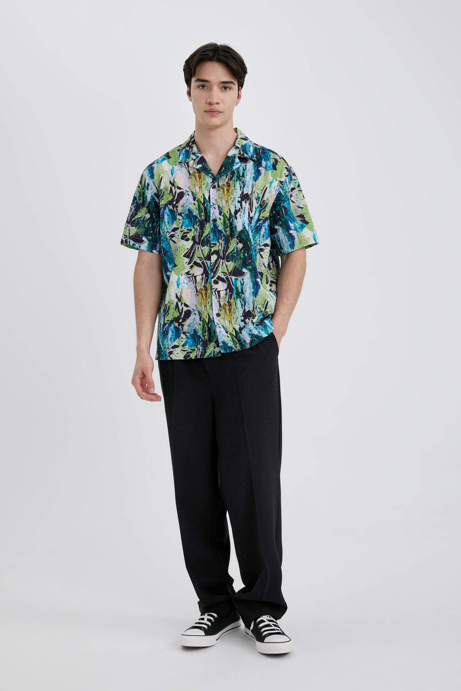 Oversize Fit Resort Collar Patterned Cotton Shirt