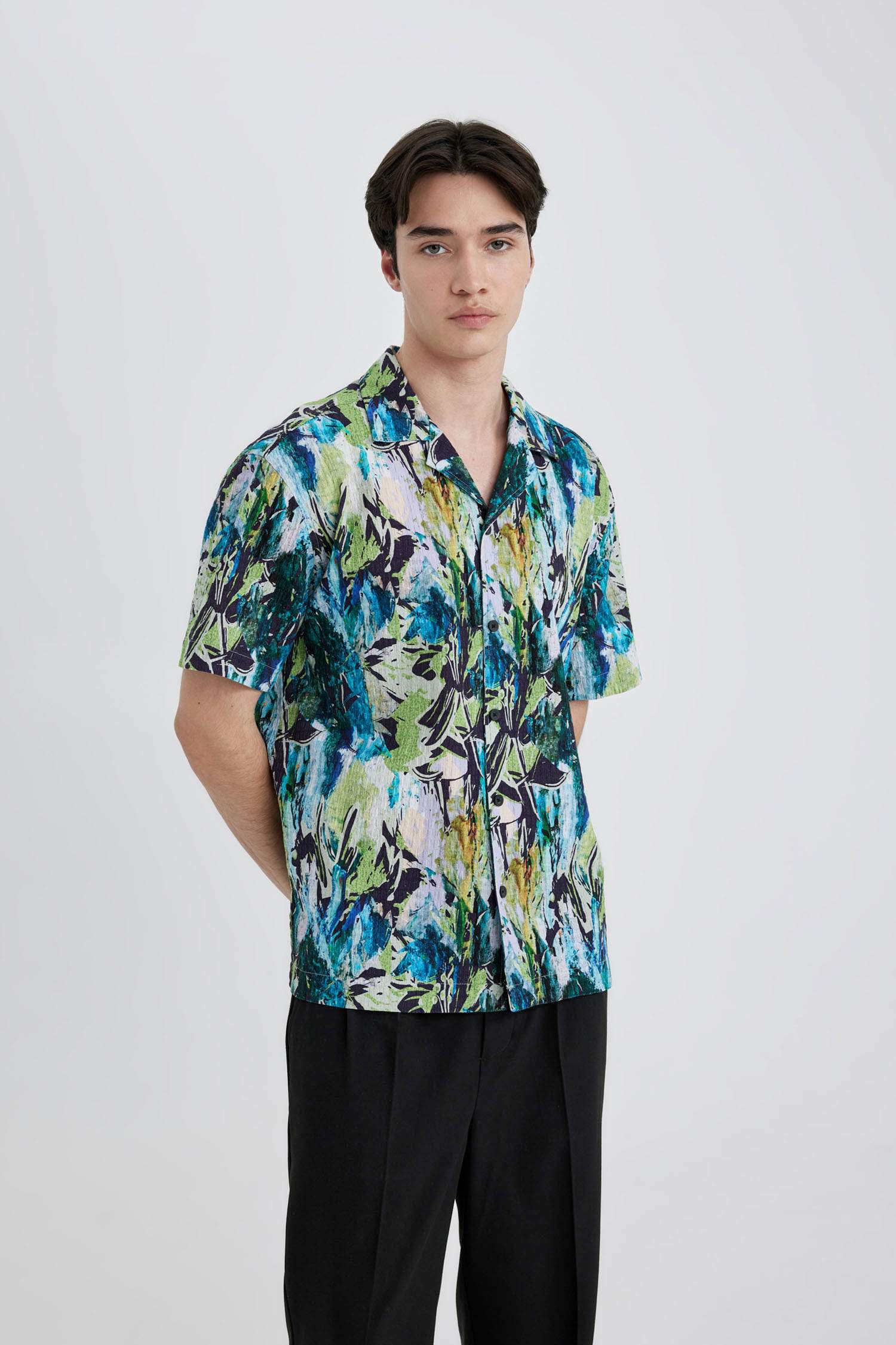 Oversize Fit Resort Collar Patterned Cotton Shirt