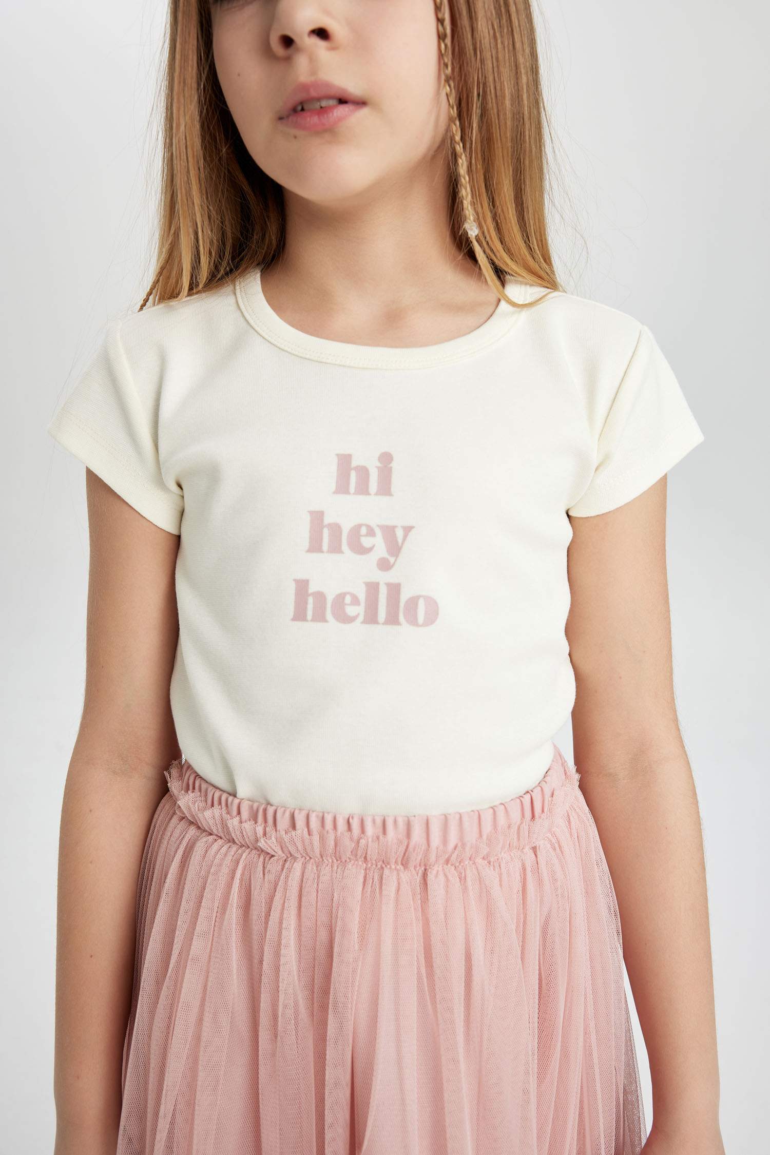 Girl Slim Fit Rib Printed Short Sleeve T-Shirt