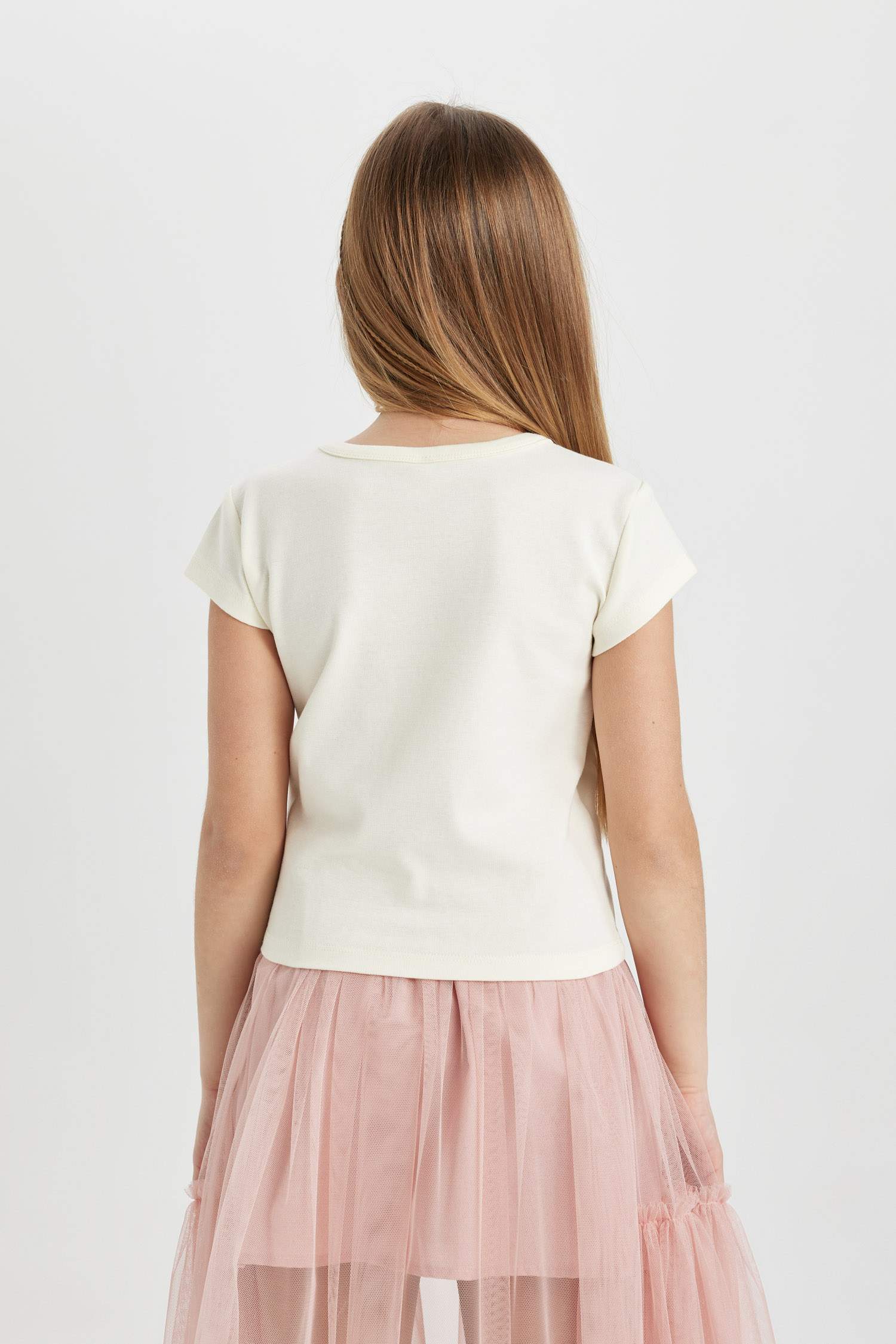 Girl Slim Fit Rib Printed Short Sleeve T-Shirt