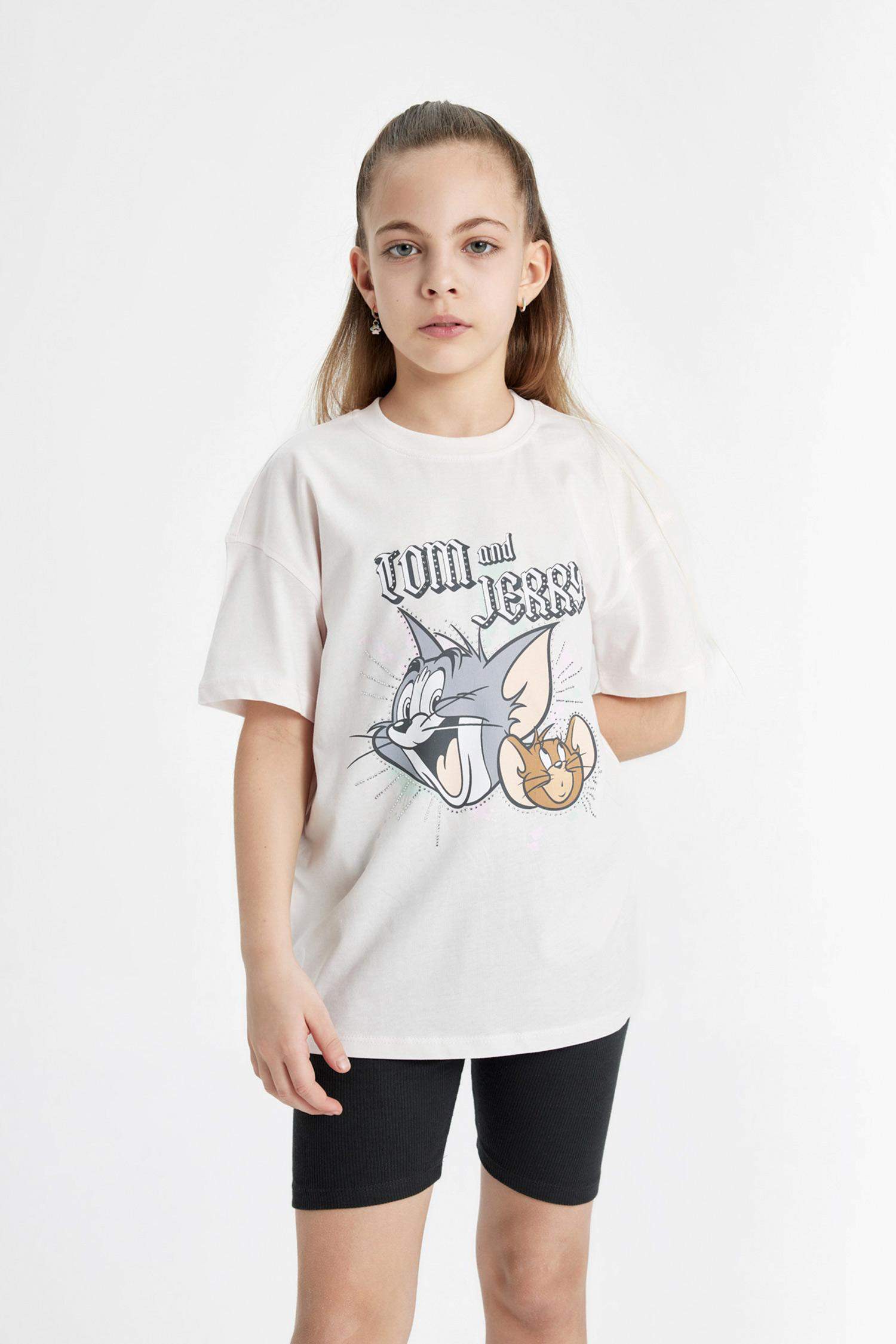 Kız Çocuk Tom & Jerry Oversize Geniş Kalıp Bisiklet Yaka Kısa Kollu Tişört