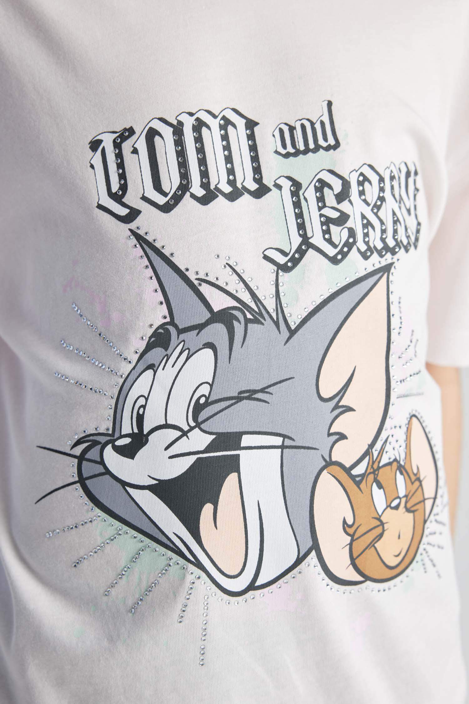 Kız Çocuk Tom & Jerry Oversize Geniş Kalıp Bisiklet Yaka Kısa Kollu Tişört