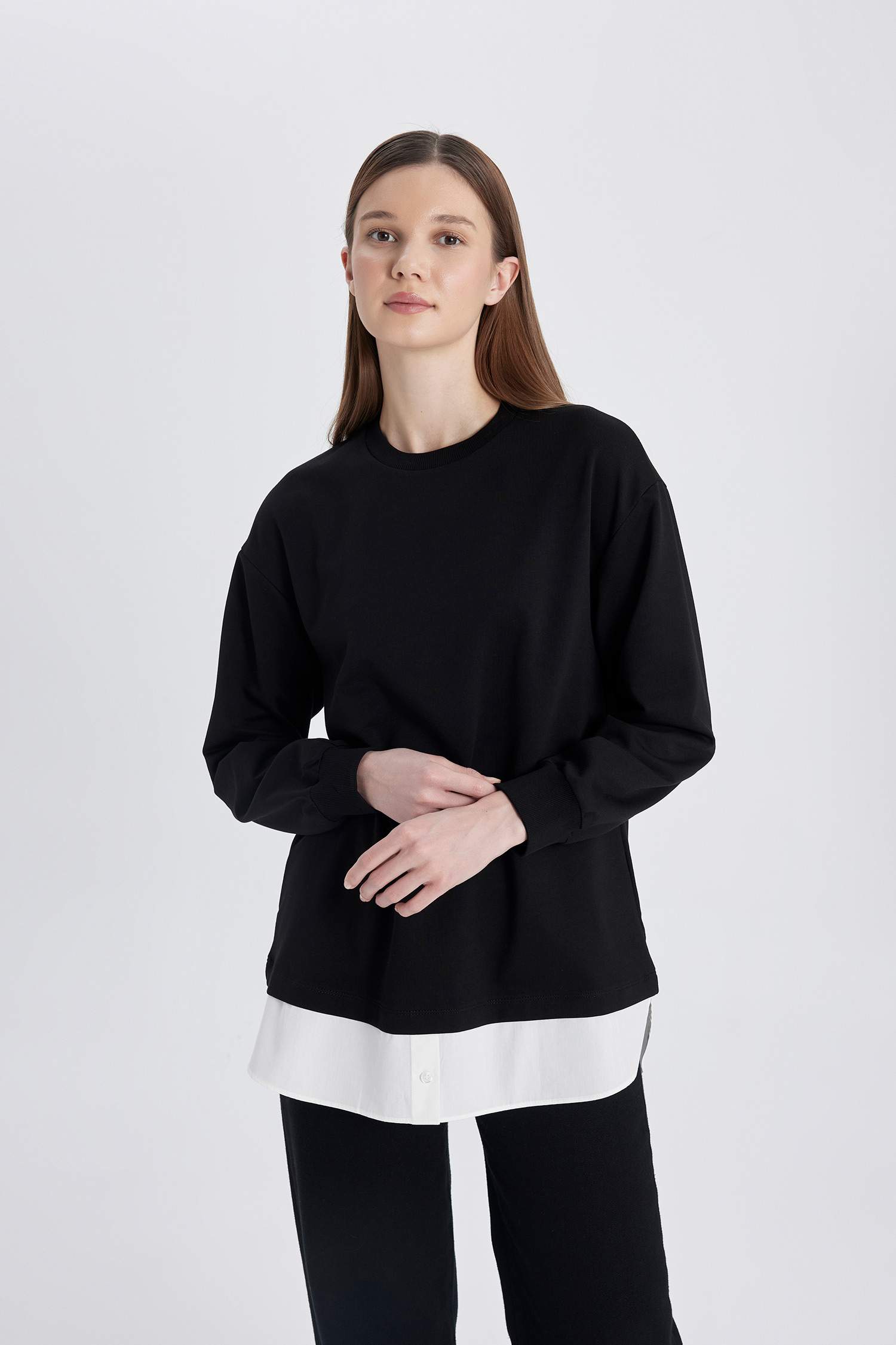 Regular Fit Crew Neck Hem Detailed Sweatshirt Tunic