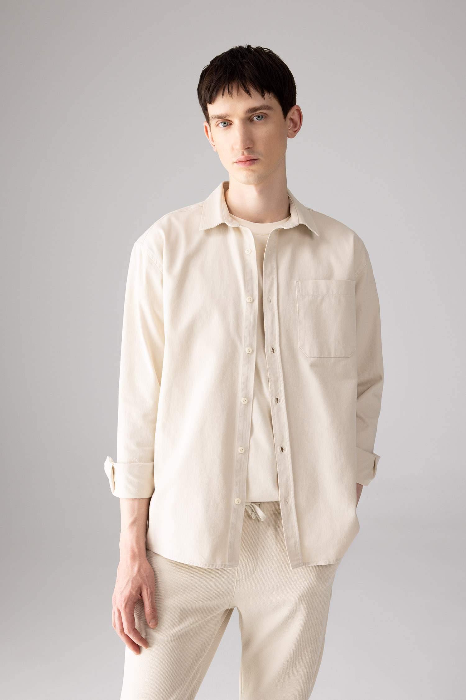 %100 Pamuk Relax Fit Polo Yaka Basic Düz Gabardin Uzun Kollu Gömlek