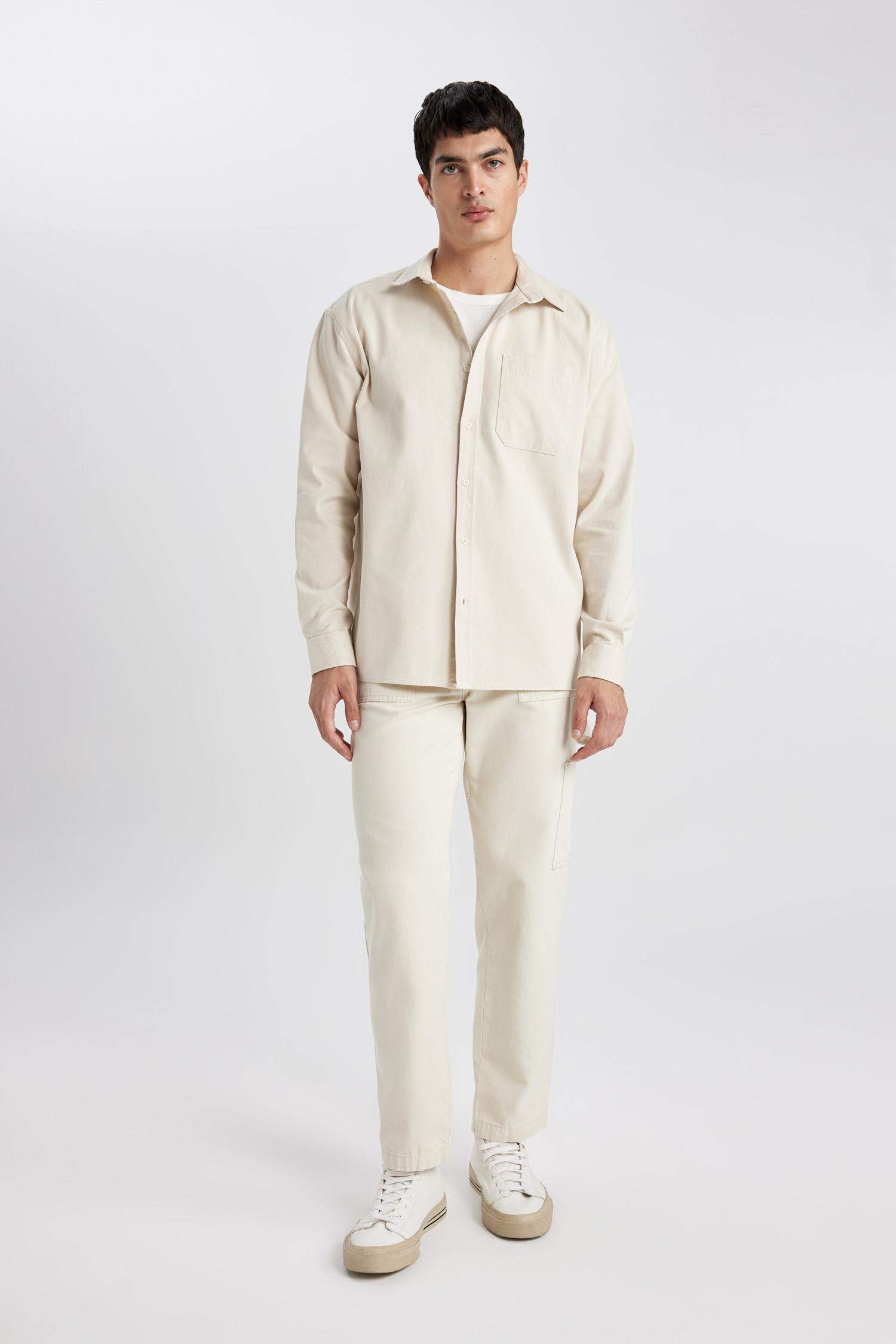 %100 Pamuk Relax Fit Polo Yaka Basic Düz Gabardin Uzun Kollu Gömlek