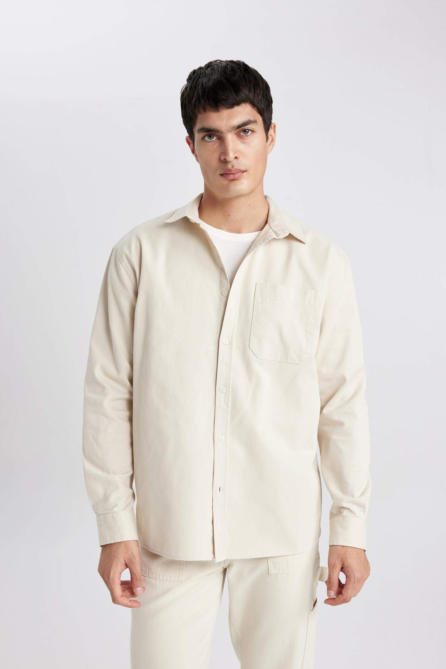 %100 Pamuk Relax Fit Polo Yaka Basic Düz Gabardin Uzun Kollu Gömlek