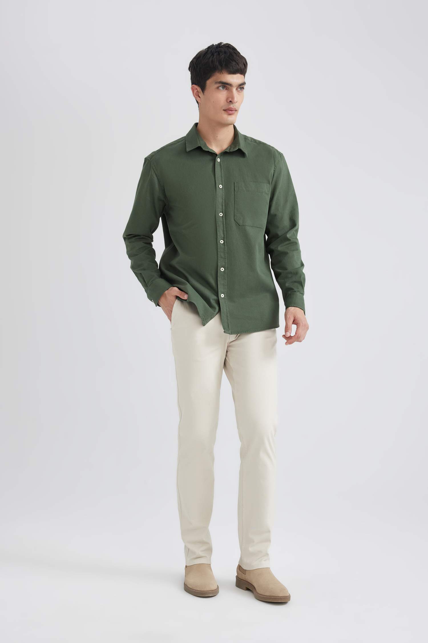 Relax Fit Polo Collar Gabardine Long Sleeve Shirt