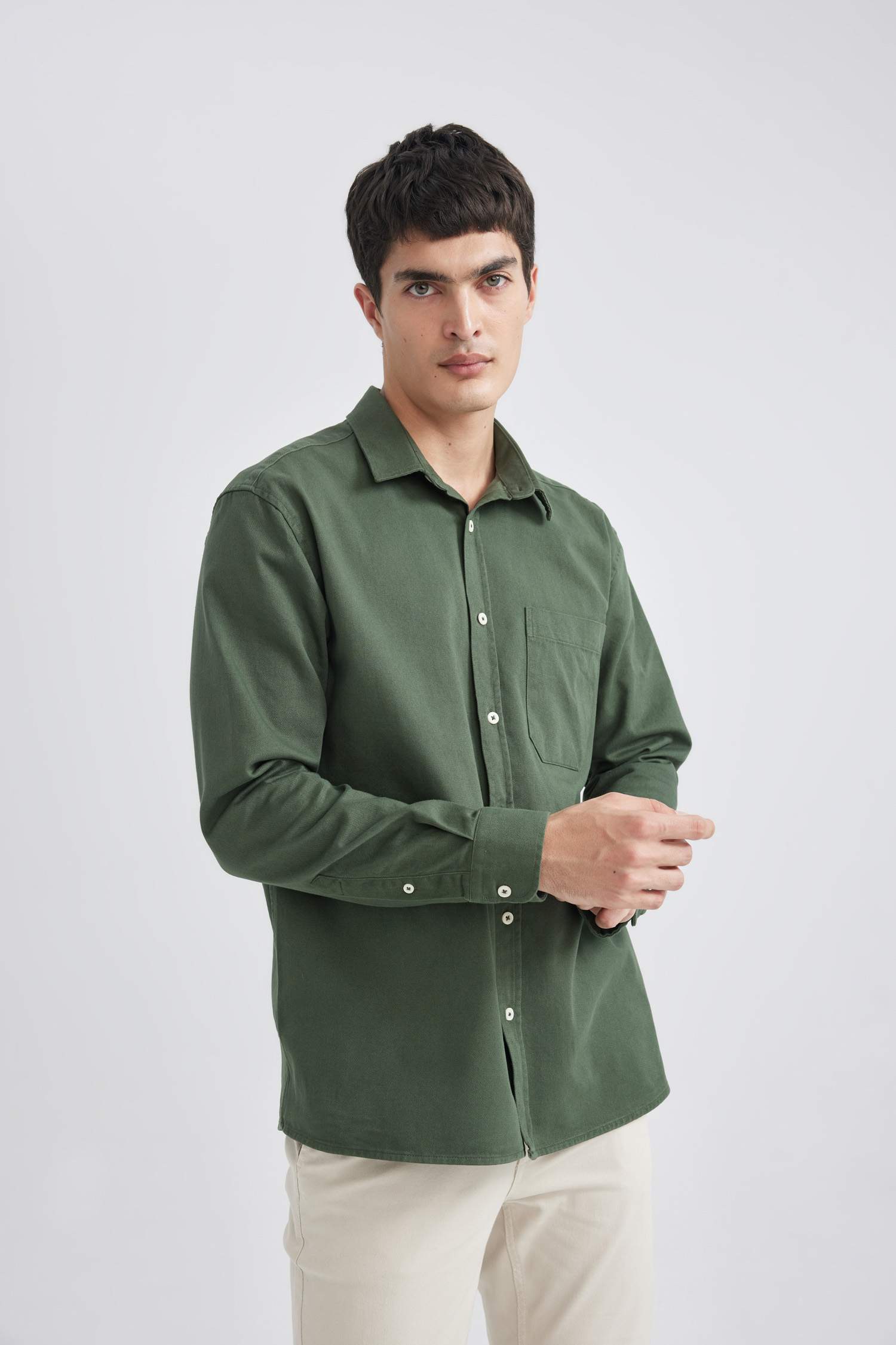 Relax Fit Polo Collar Gabardine Long Sleeve Shirt