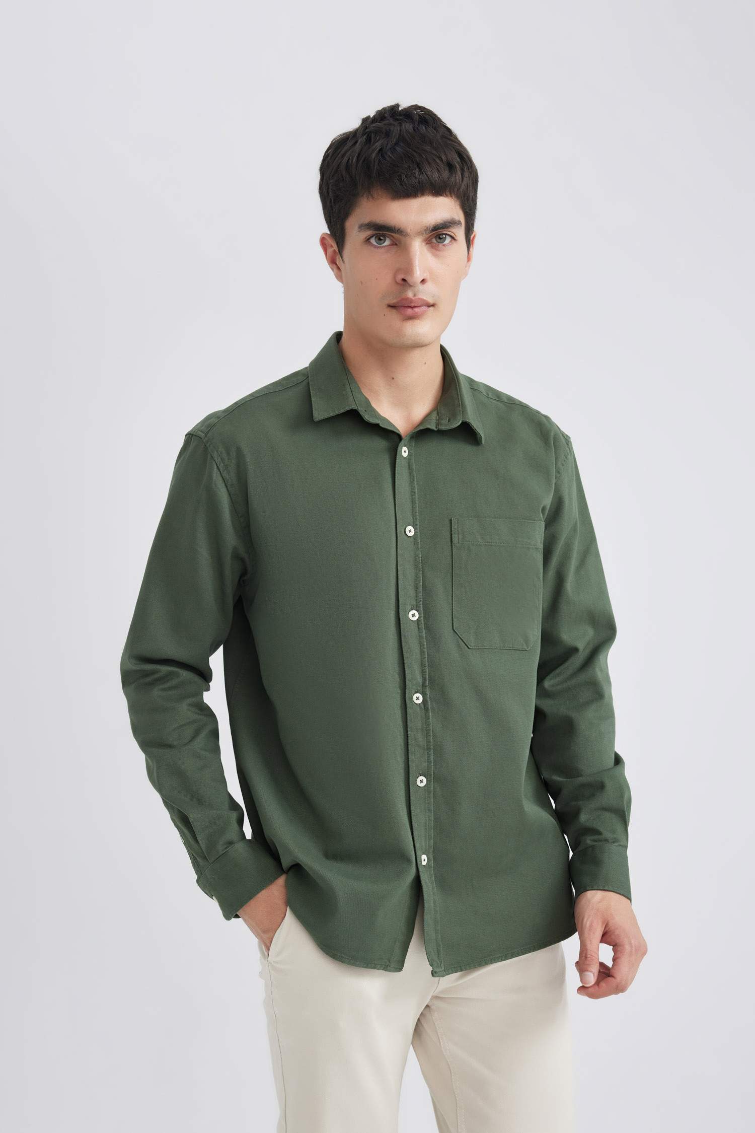 Relax Fit Polo Collar Gabardine Long Sleeve Shirt