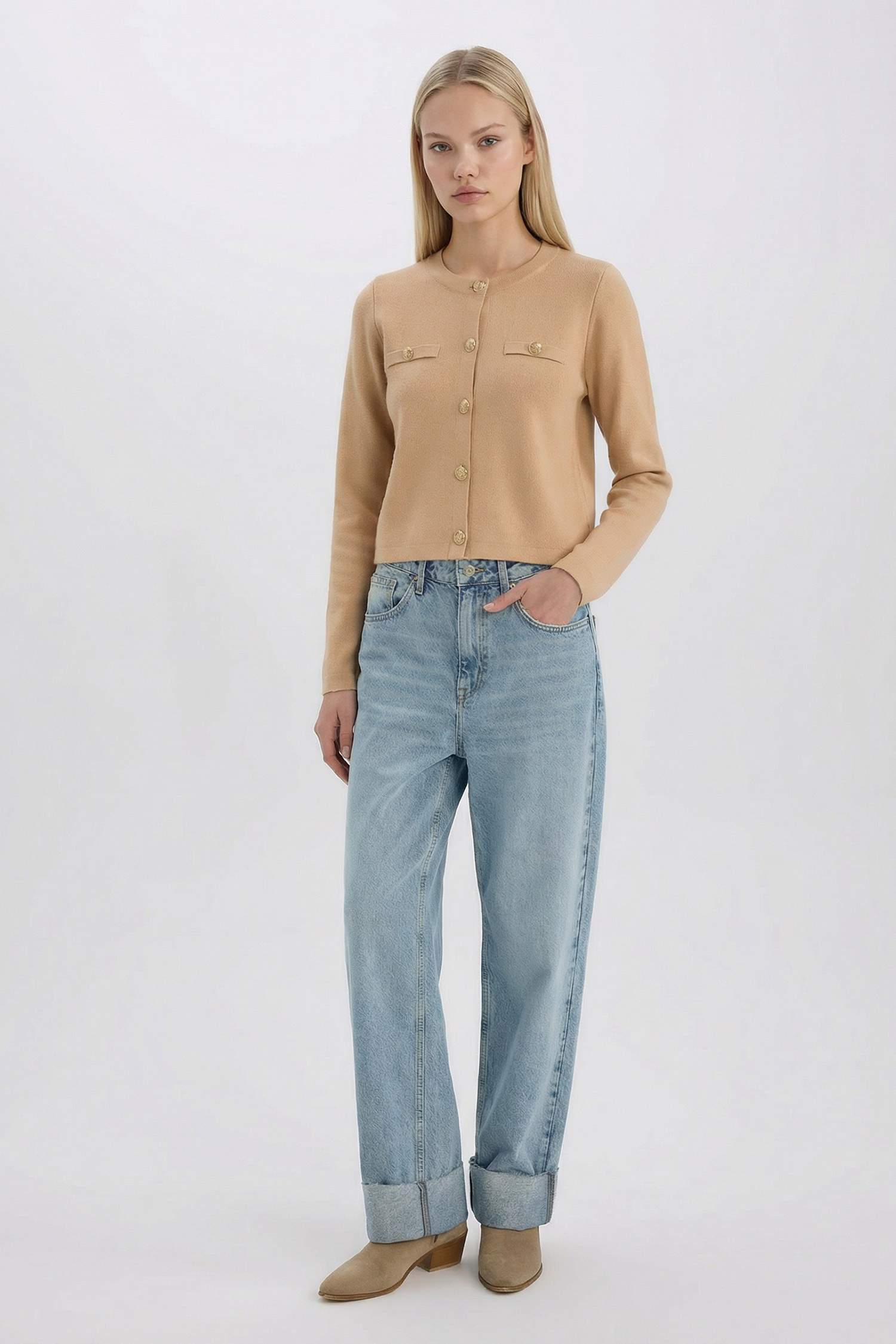 Regular Fit Bisiklet Yaka Basic Düz Düğmeli Triko Hırka