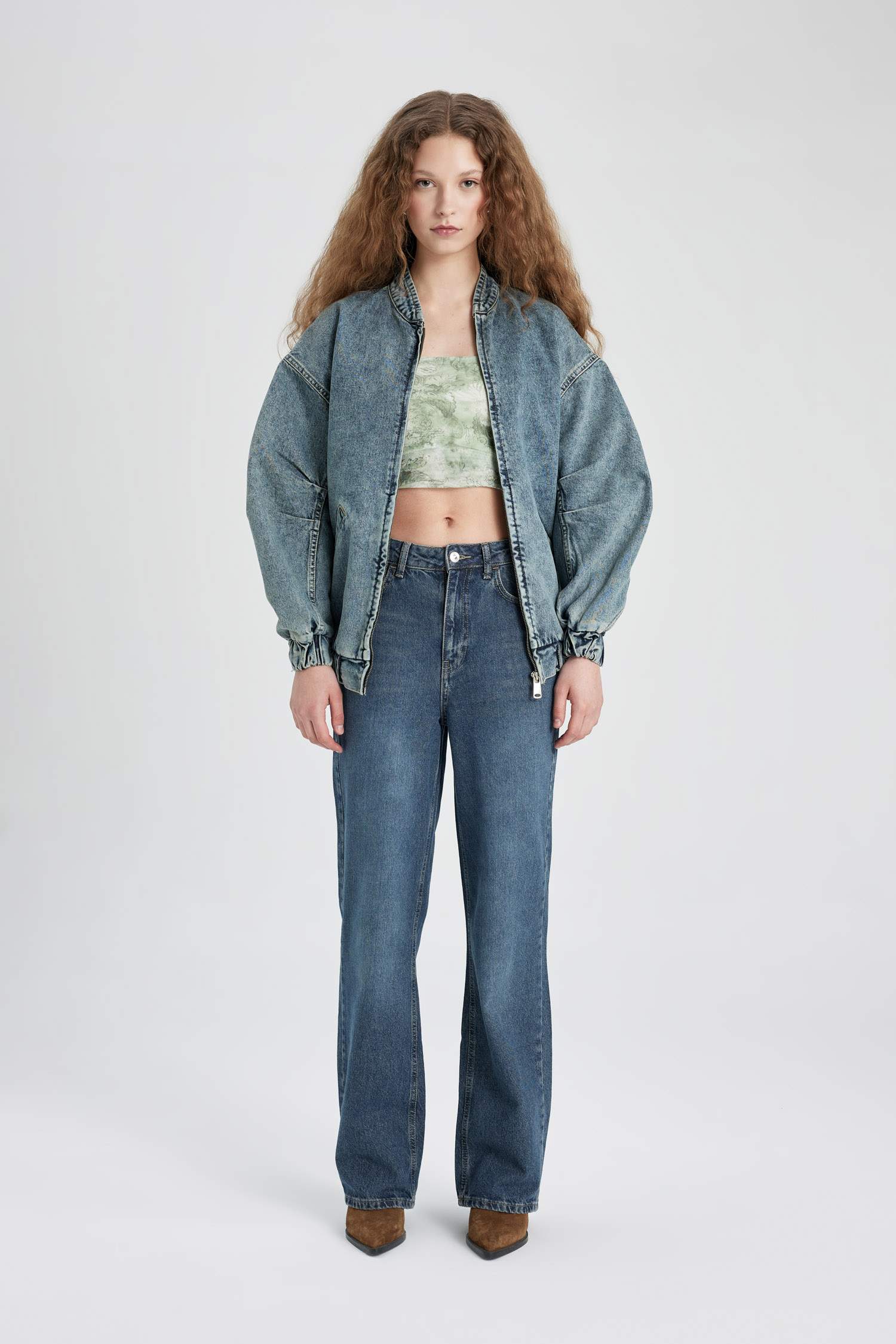 Oversize Geniş Kalıp Jean Bomber Ceket Kolej Yaka Fermuarlı Çift Cepli