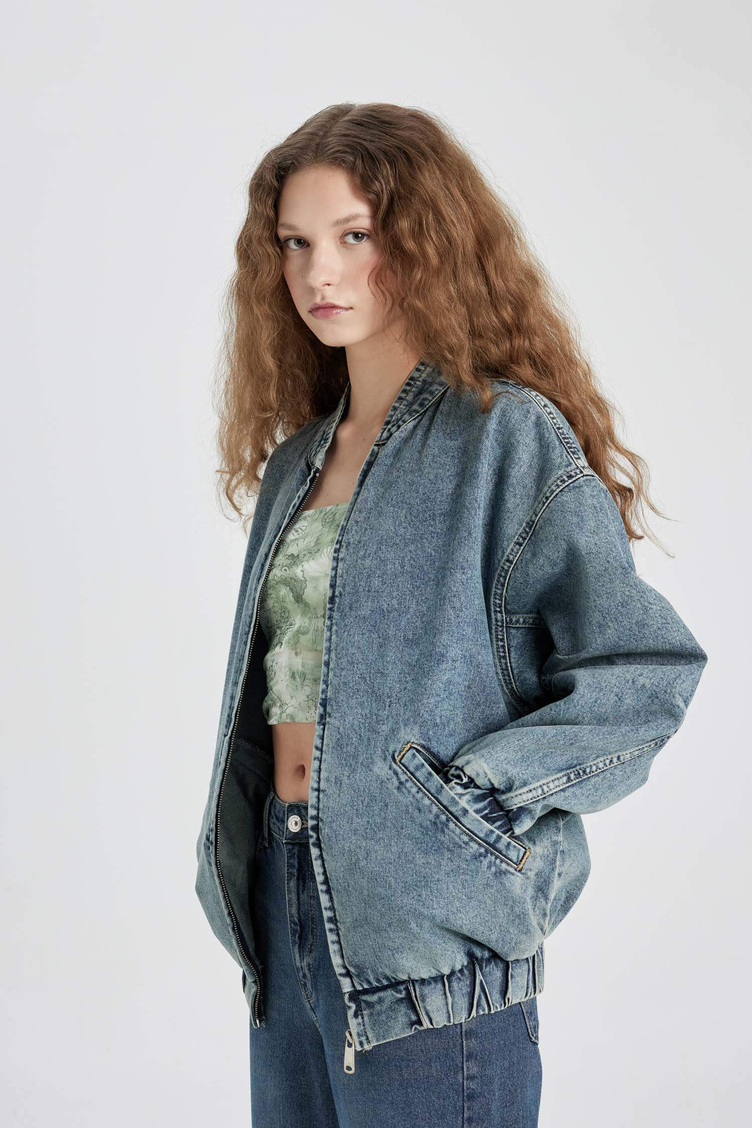 Oversize Geniş Kalıp Jean Bomber Ceket Kolej Yaka Fermuarlı Çift Cepli