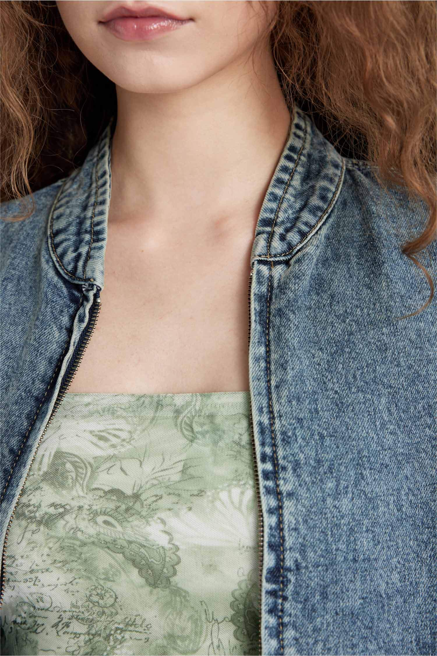 Oversize Geniş Kalıp Jean Bomber Ceket Kolej Yaka Fermuarlı Çift Cepli