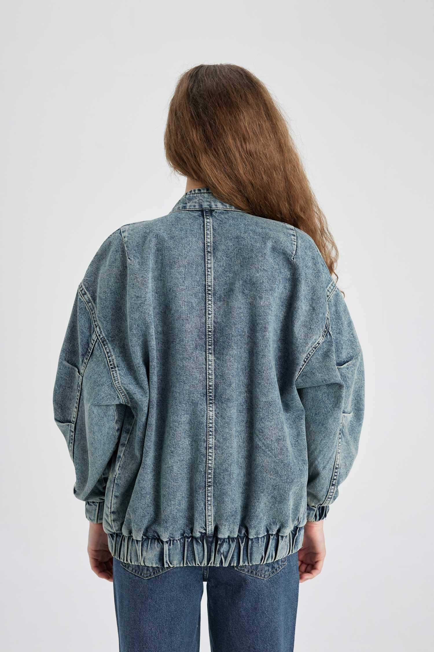 Oversize Geniş Kalıp Jean Bomber Ceket Kolej Yaka Fermuarlı Çift Cepli