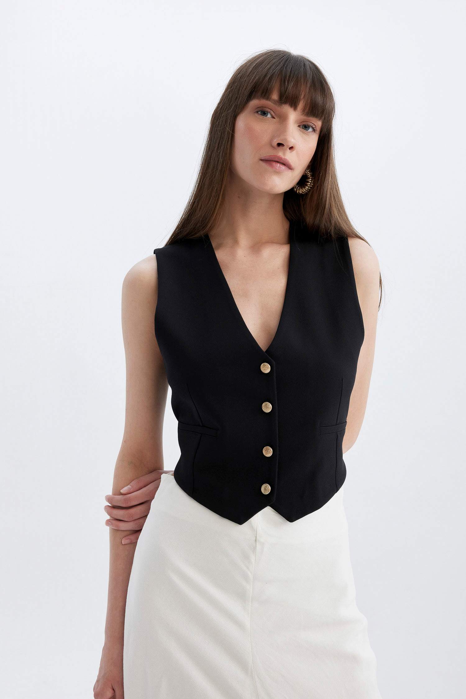 Regular Fit V Yaka Düğmeli Blazer Yelek