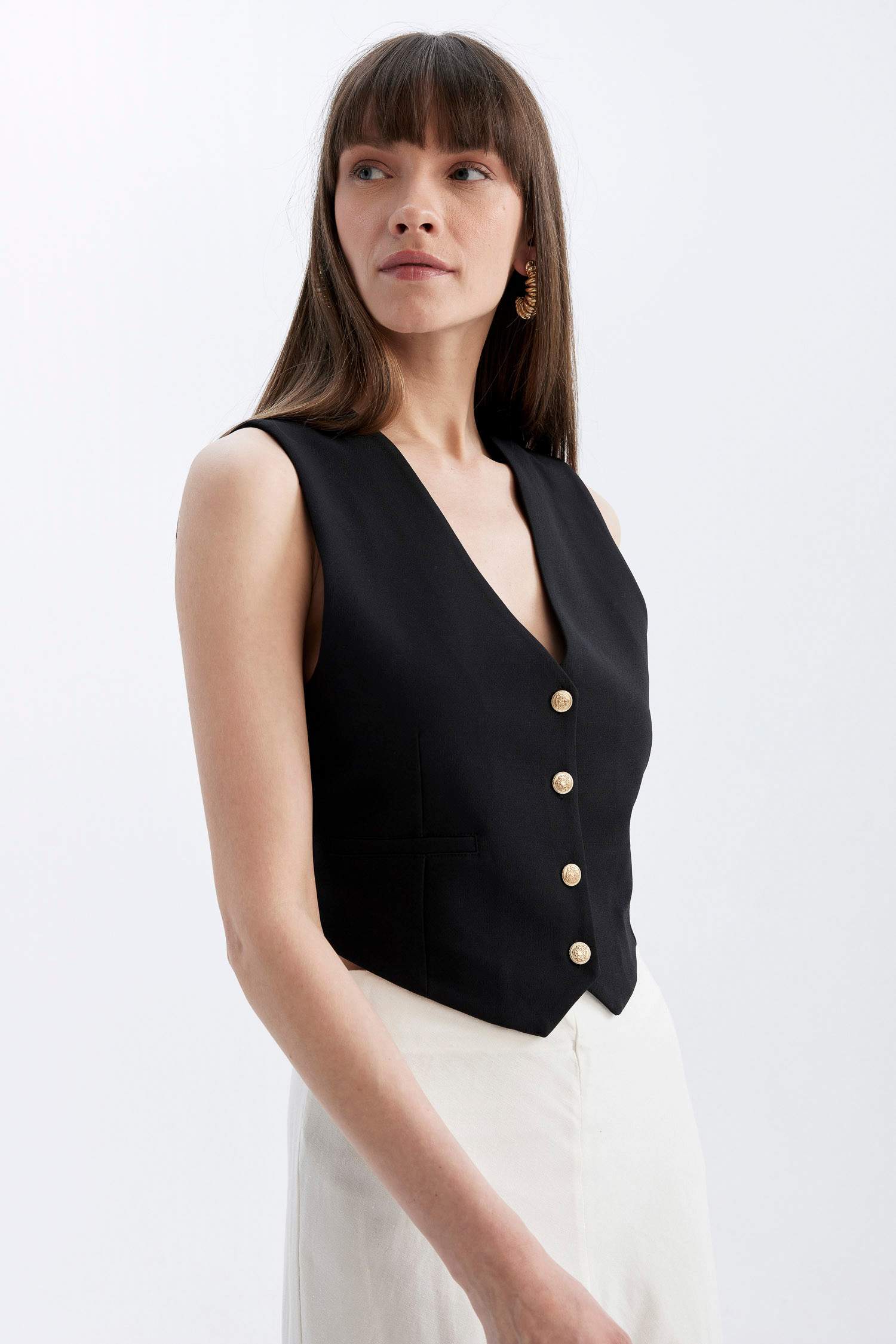 Regular Fit V Yaka Düğmeli Blazer Yelek