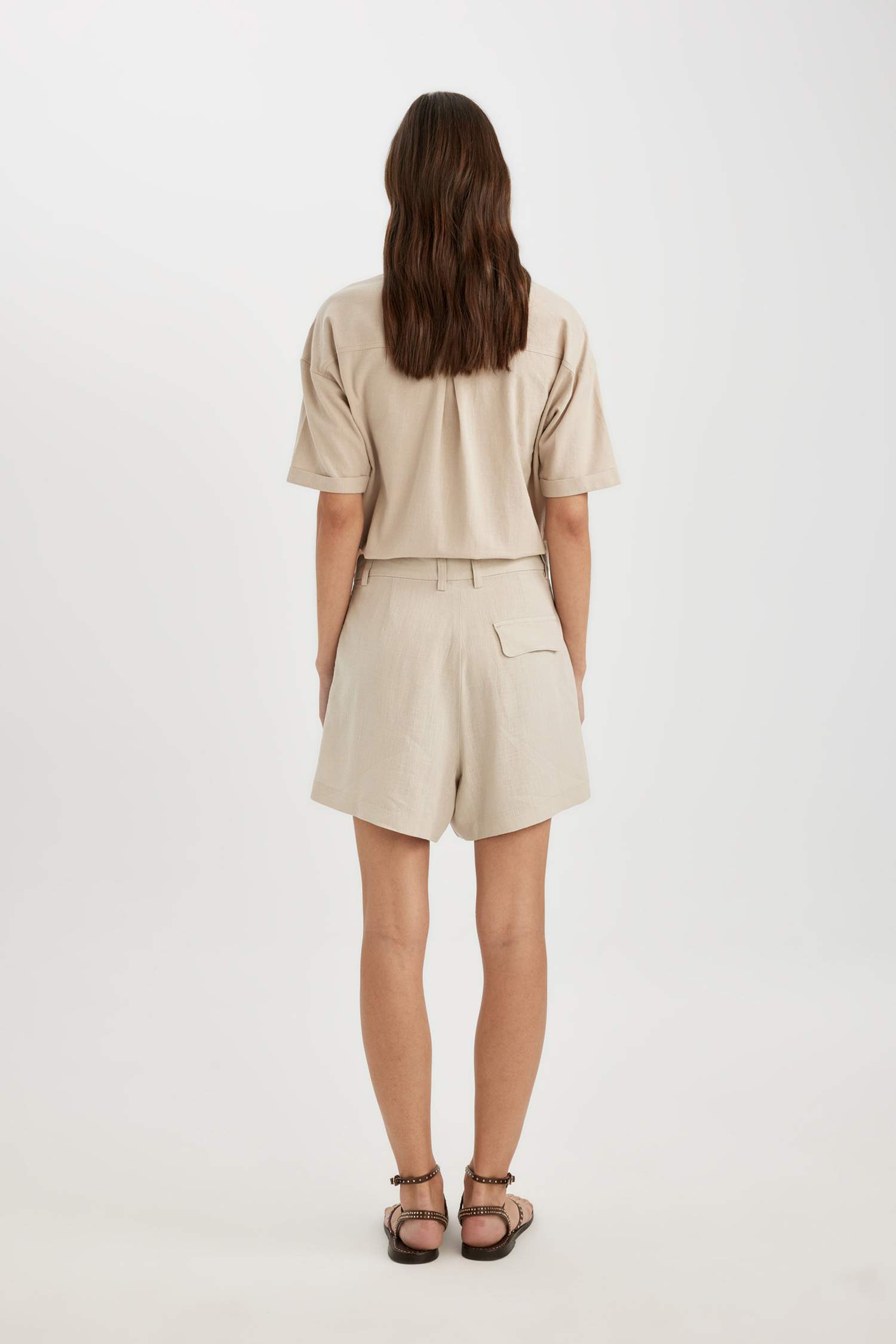 Short en lin mélangé taille haute à jambes larges