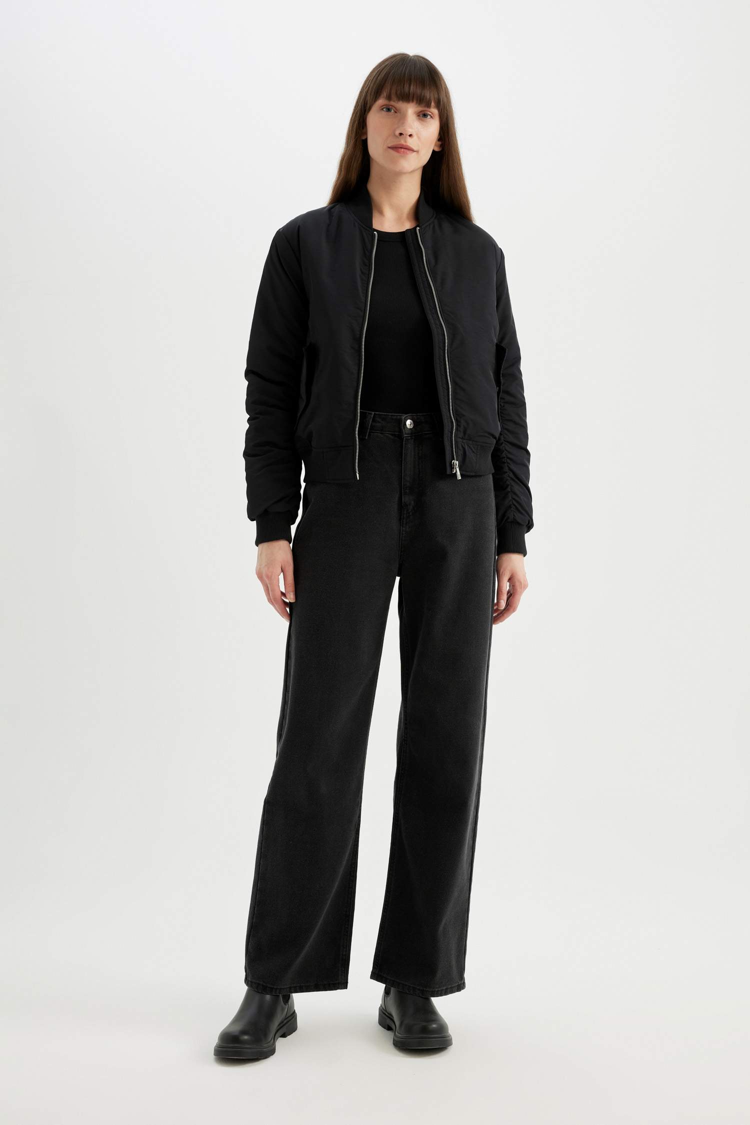 Su Geçirmez Kolej Yaka Düz Fermuarlı Cepli Bomber Ceket Mont