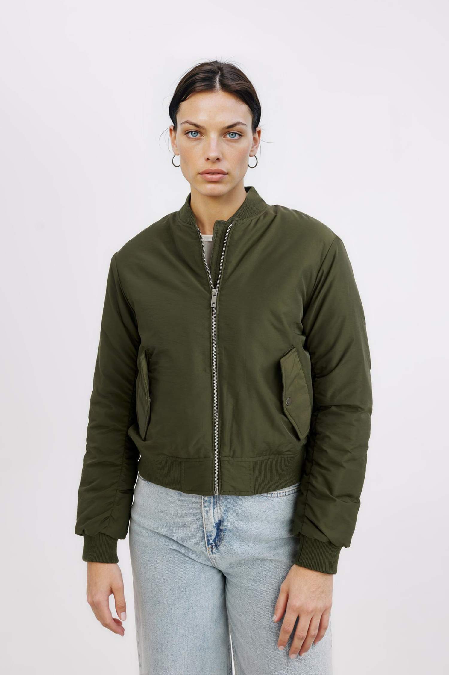 Su Geçirmez Kolej Yaka Düz Fermuarlı Cepli Bomber Ceket Mont