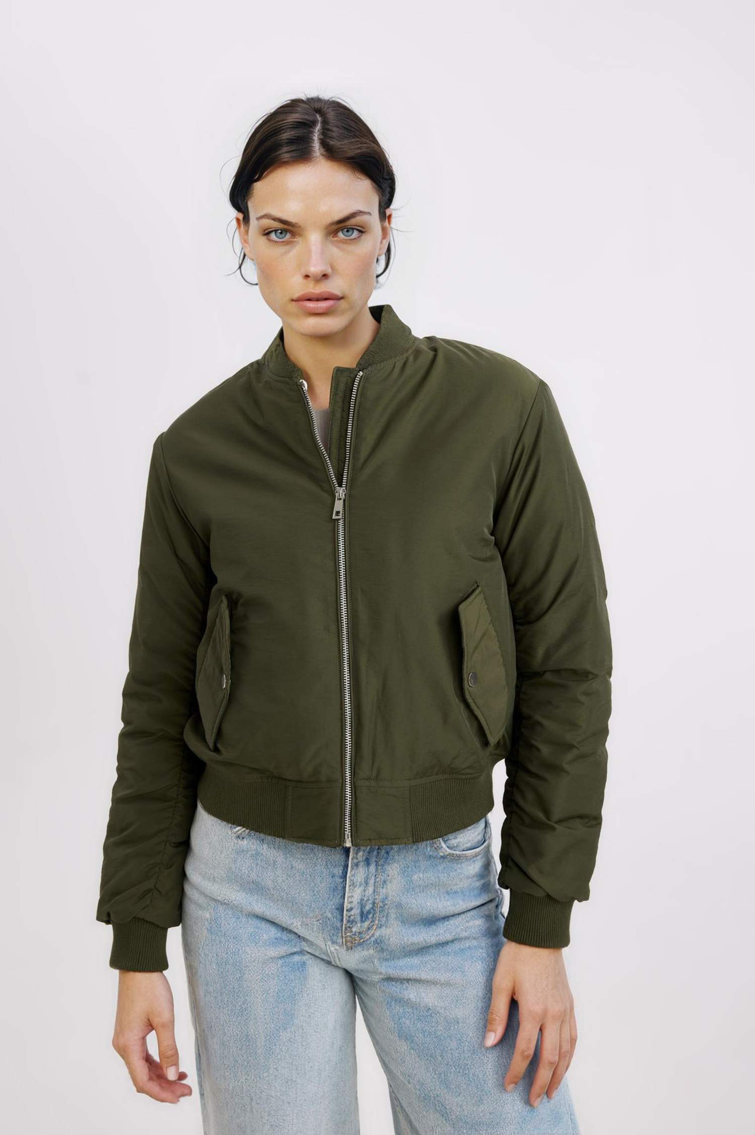 Su Geçirmez Kolej Yaka Düz Fermuarlı Cepli Bomber Ceket Mont