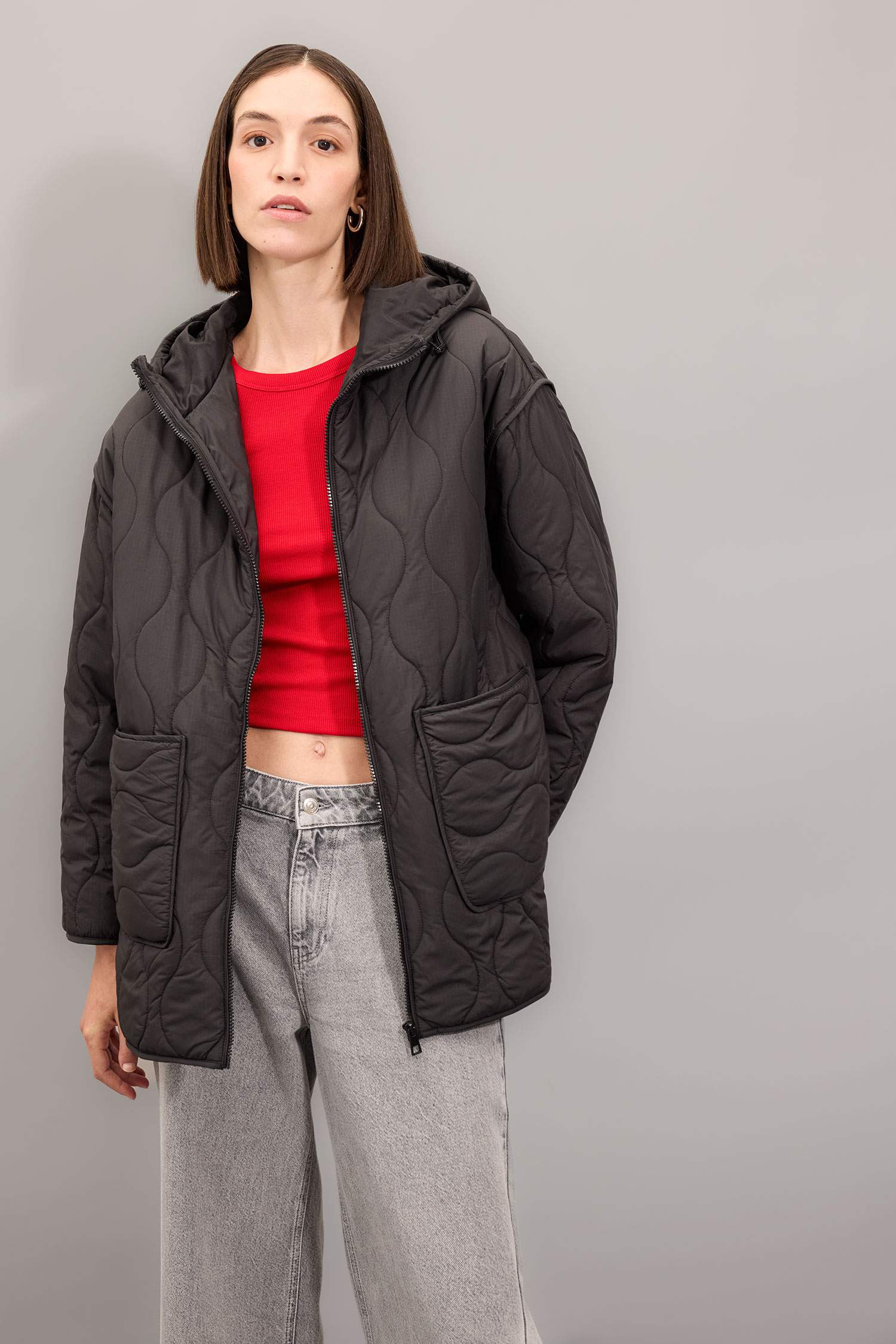 Regular Fit Mont Kapüşonlu Kapitoneli Fermuarlı Cepli Mevsimlik