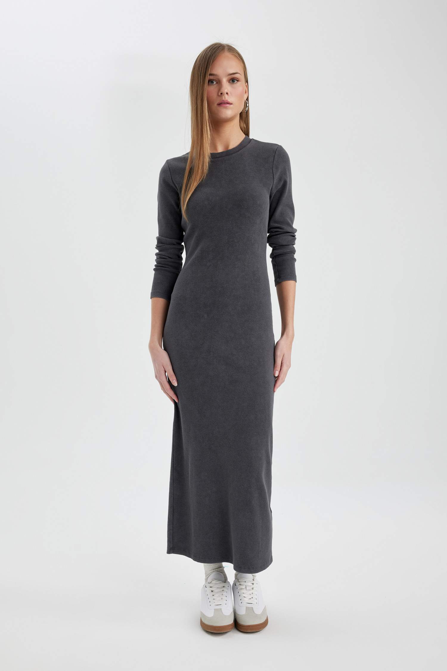 Bodycon Bisiklet Yaka Fitilli Kaşkorse Maxi Uzun Kollu Yıkamalı Soluk Efektli Elbise