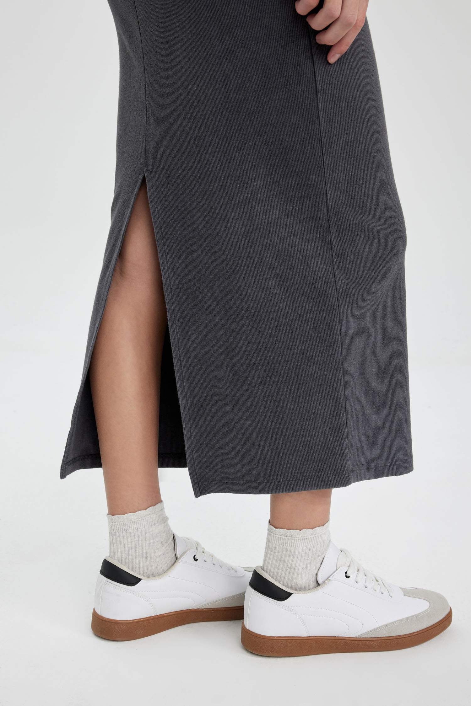 Bodycon Bisiklet Yaka Fitilli Kaşkorse Maxi Uzun Kollu Yıkamalı Soluk Efektli Elbise