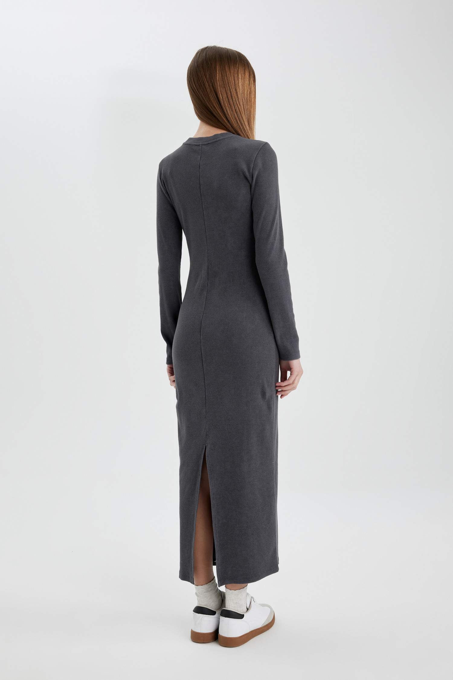 Bodycon Bisiklet Yaka Fitilli Kaşkorse Maxi Uzun Kollu Yıkamalı Soluk Efektli Elbise