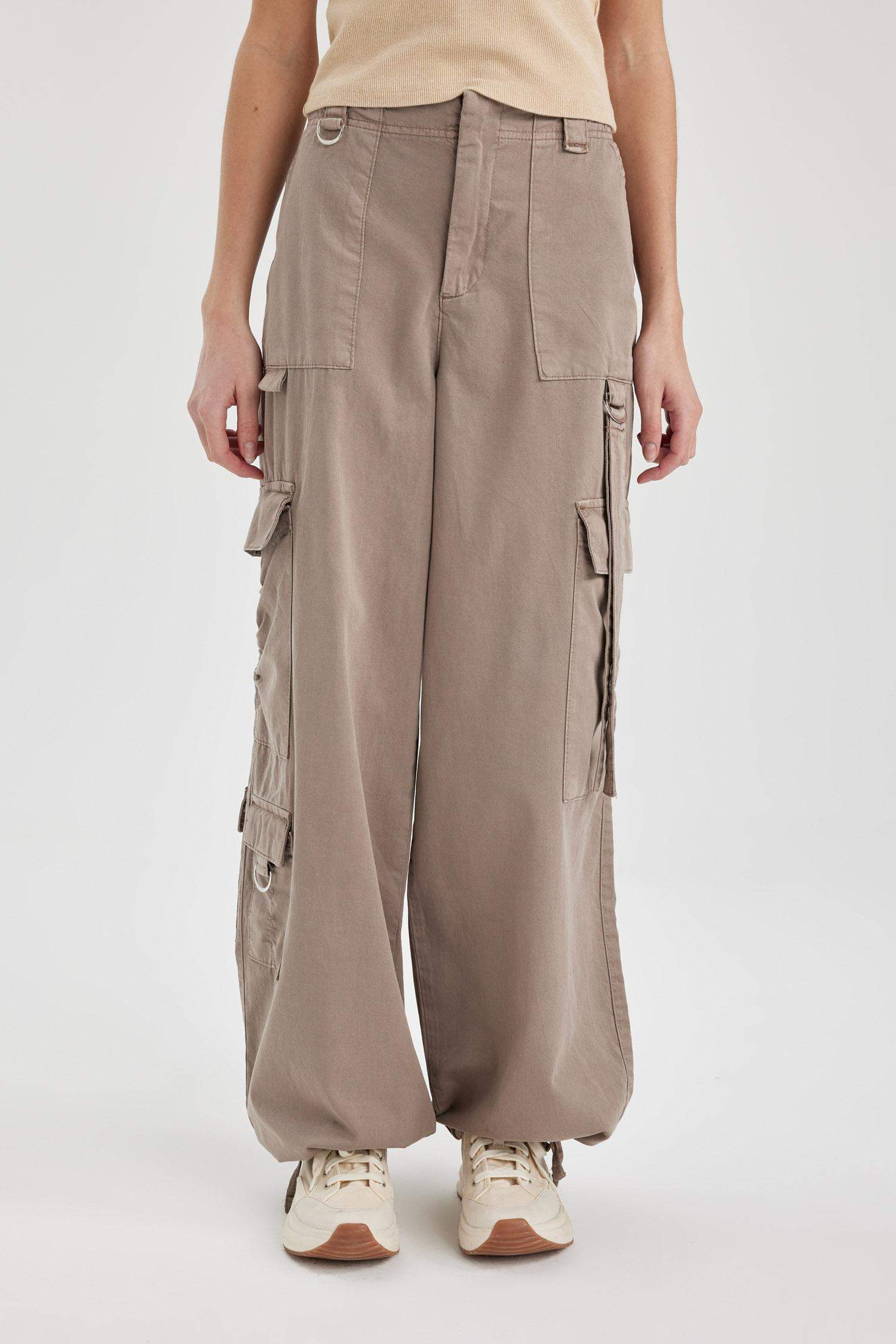 Pantalon Cargo en Gabardine à Taille Haute avec Poches Cargo