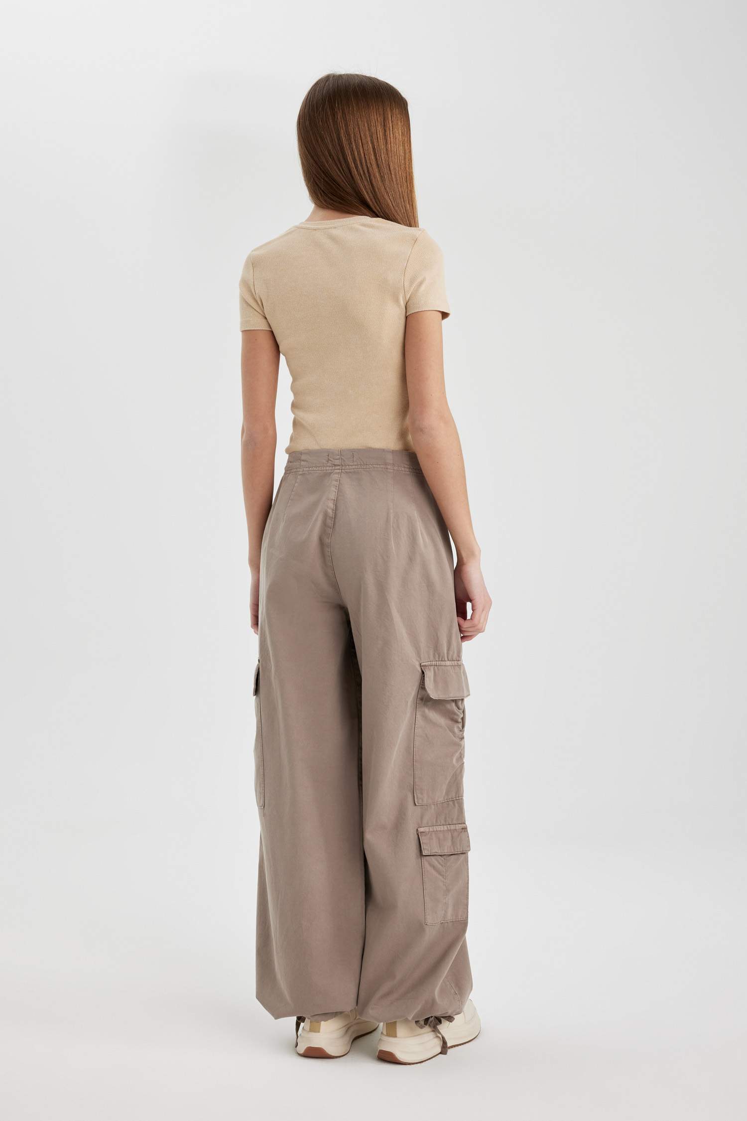 Pantalon Cargo en Gabardine à Taille Haute avec Poches Cargo