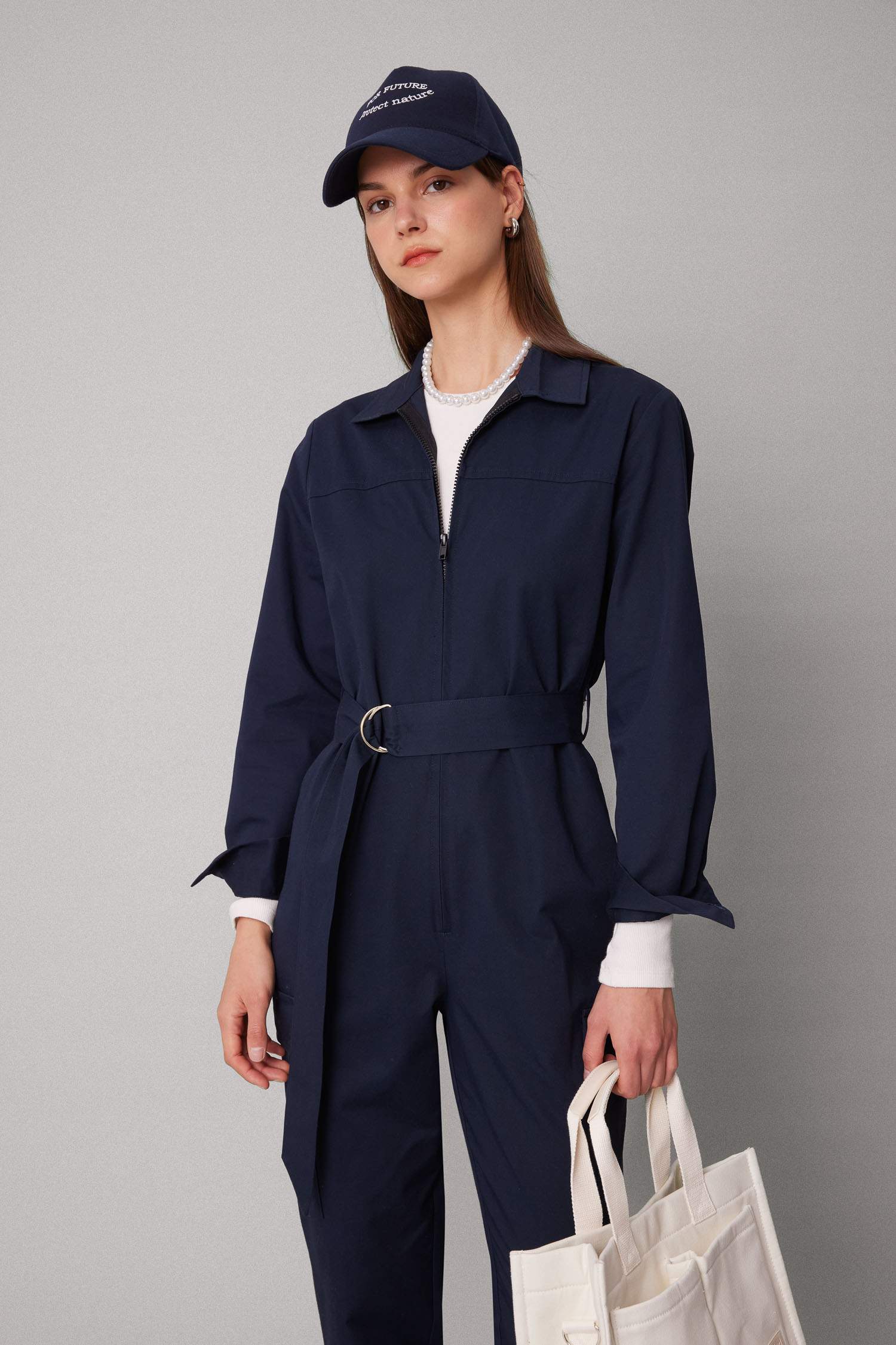 Combinaison Ceinturée Gabardine Col Chemise à Manches Longues