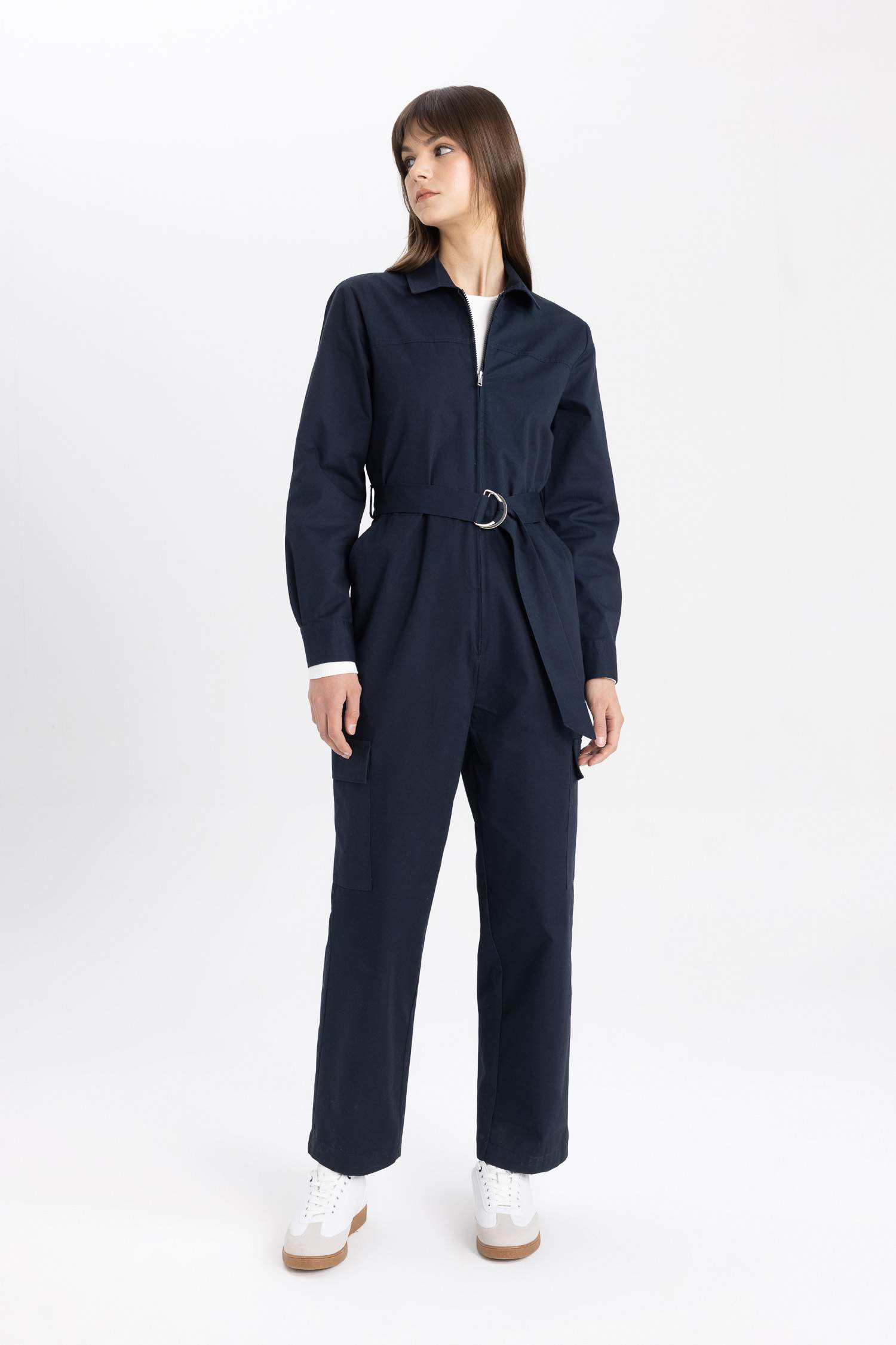 Shirt Collar Gabardine Long Sleeve Belted Jumpsuit