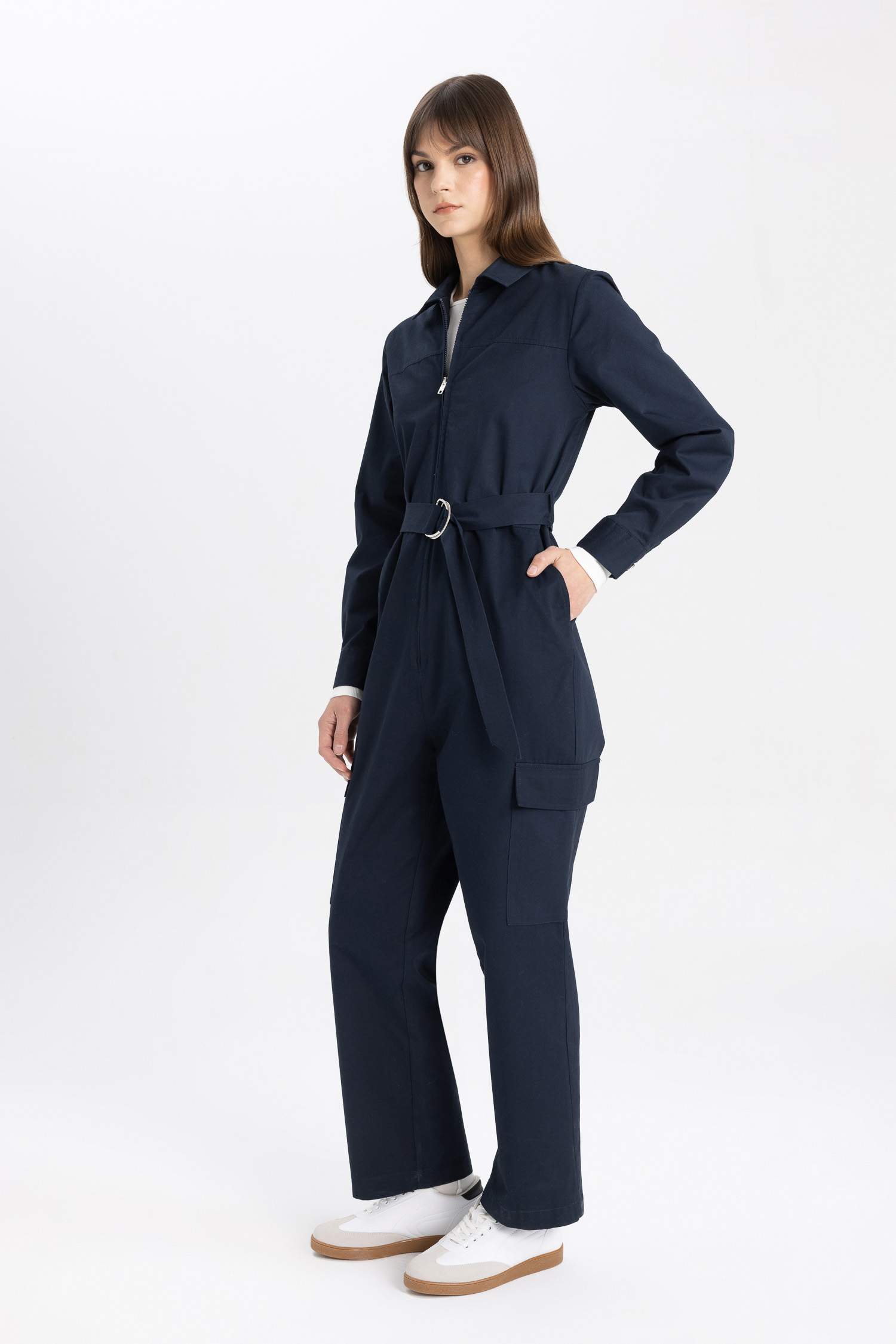 Shirt Collar Gabardine Long Sleeve Belted Jumpsuit